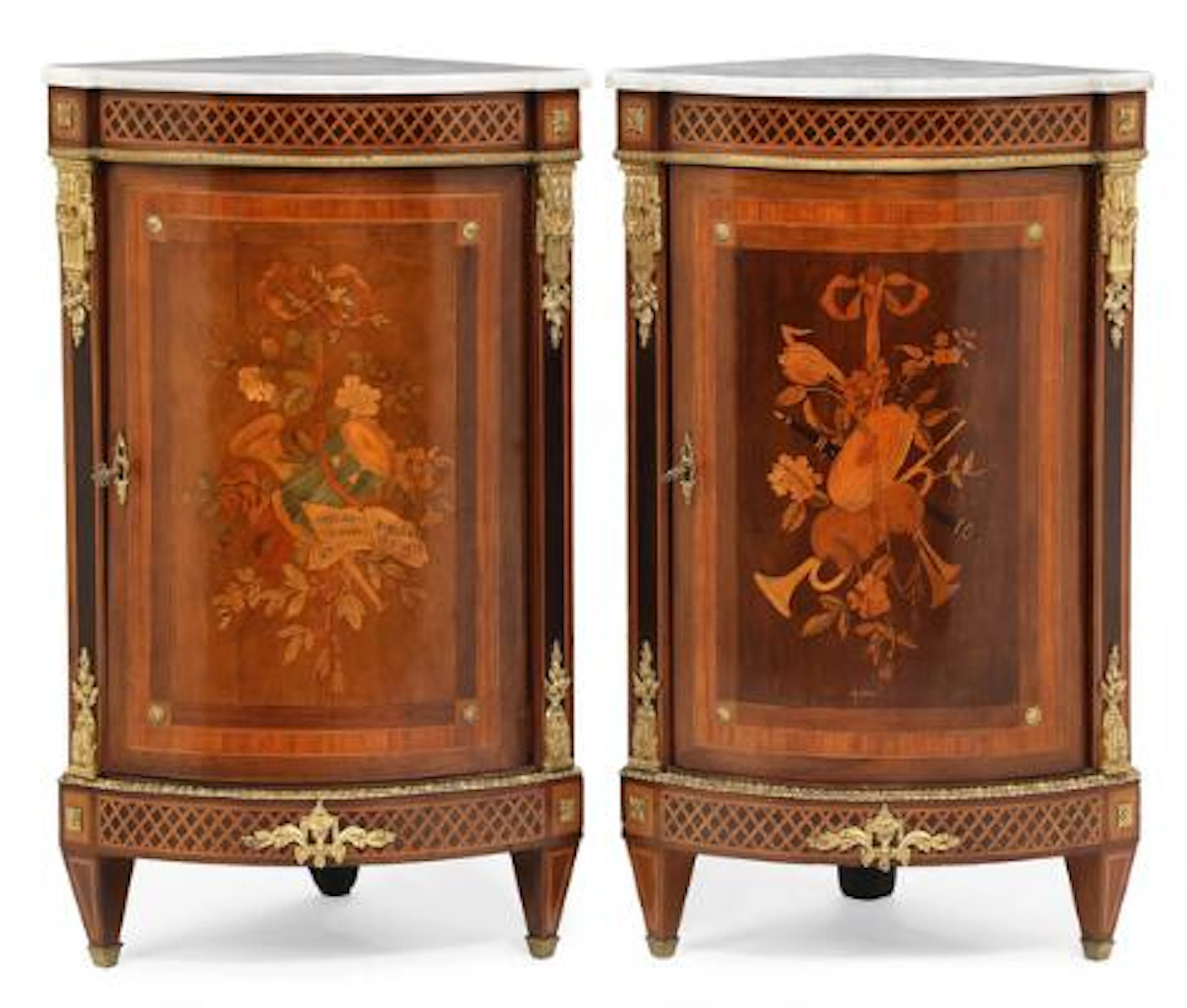 A pair of Louis XVI style gilt bronze and marquetry inlaid Encoignures.