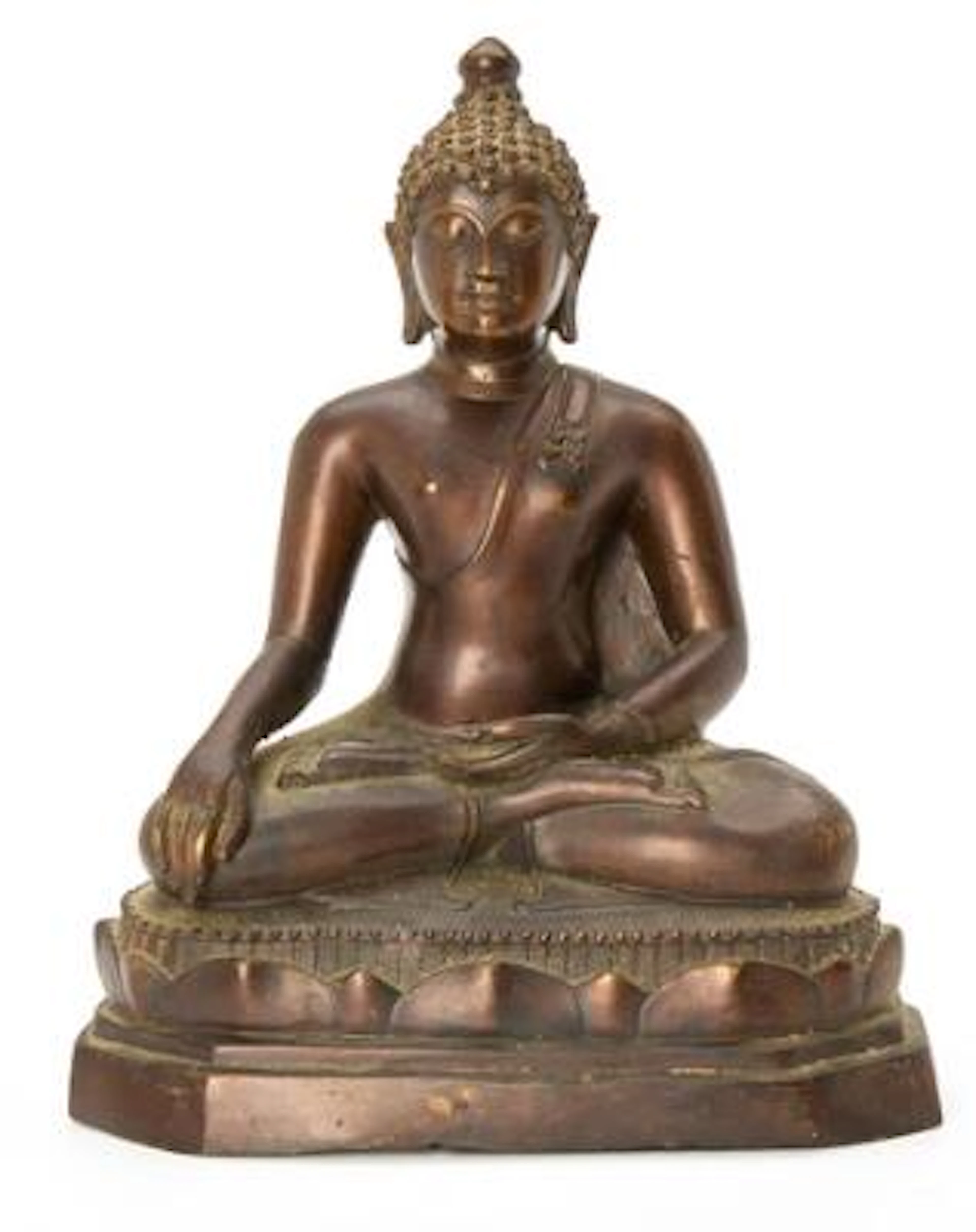 Figure of patinated bronze in the form of Buddha Shakyamuni. Thailand