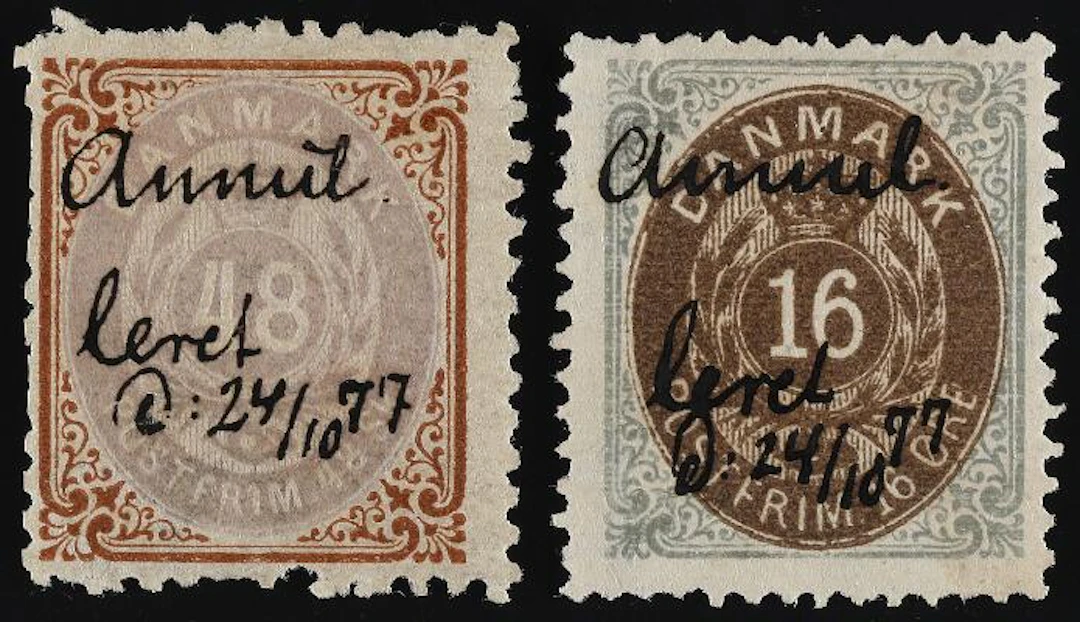 1870/1875. 48 sk. and 16 øre. 2 stamps with the same pen-canc. "ANNULLERET