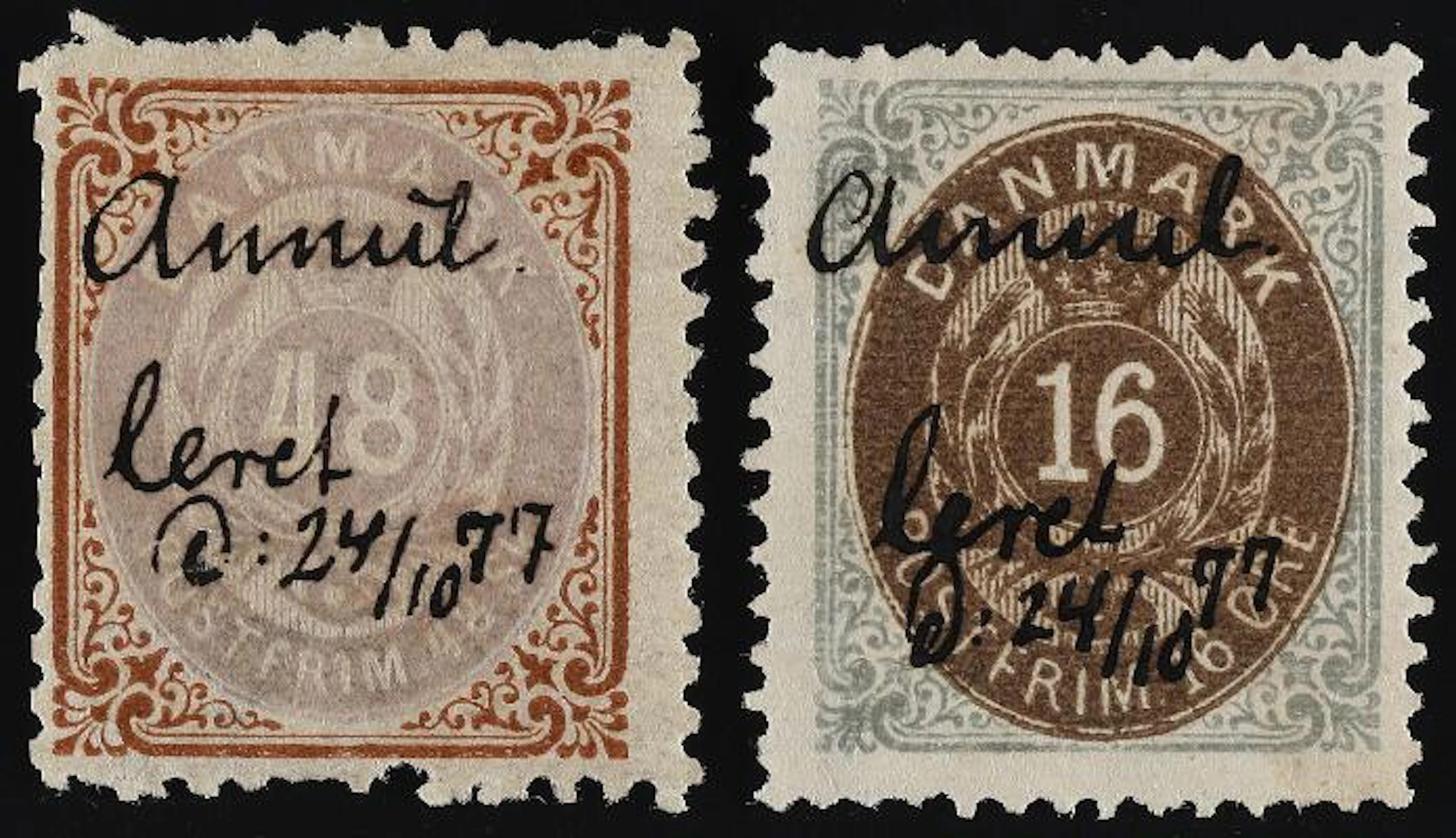 1870/1875. 48 sk. and 16 øre. 2 stamps with the same pen-canc. "ANNULLERET