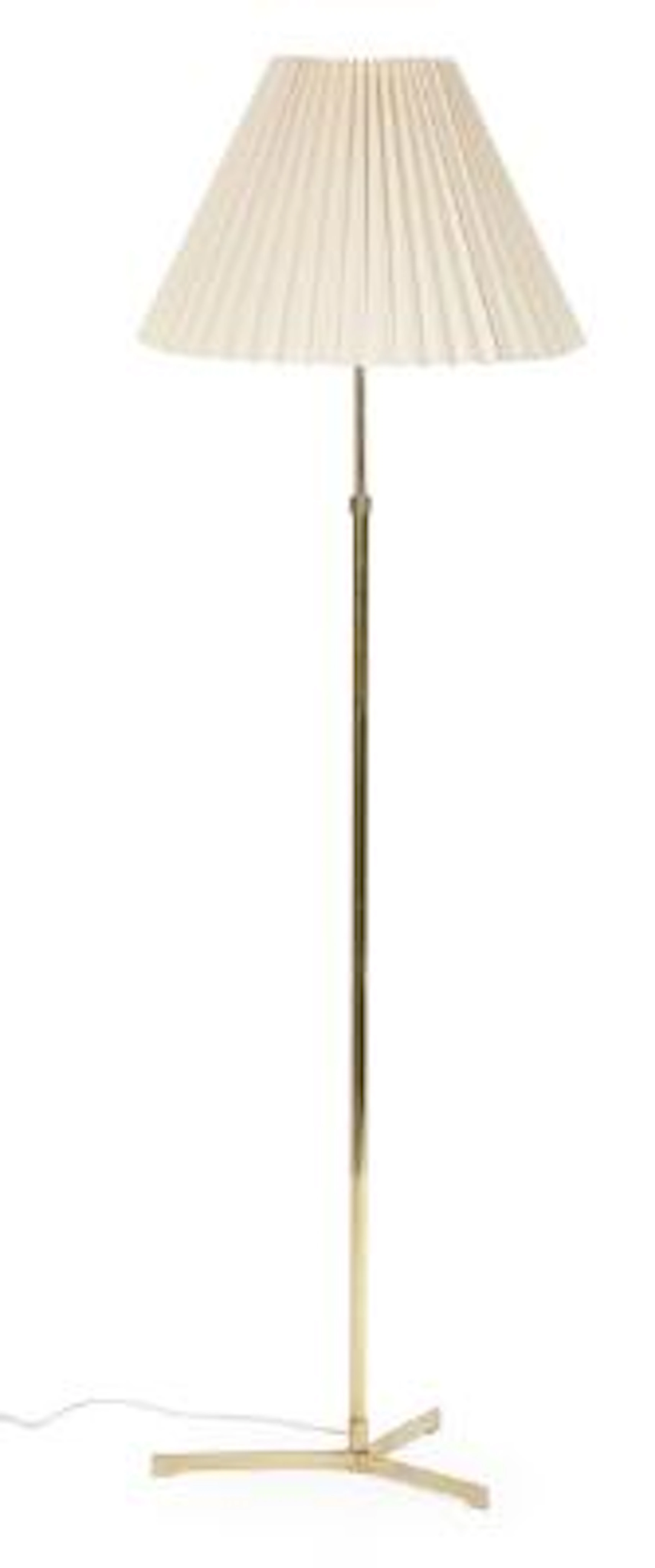 Danish design: A brass floor lamp on tripod base, mounted with white