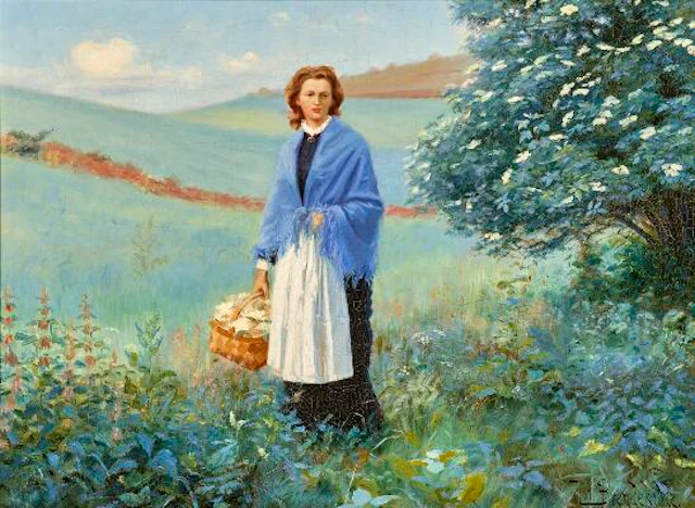 H.A. Brendekilde: A young woman with blue shawl and a basket of elderflowers.