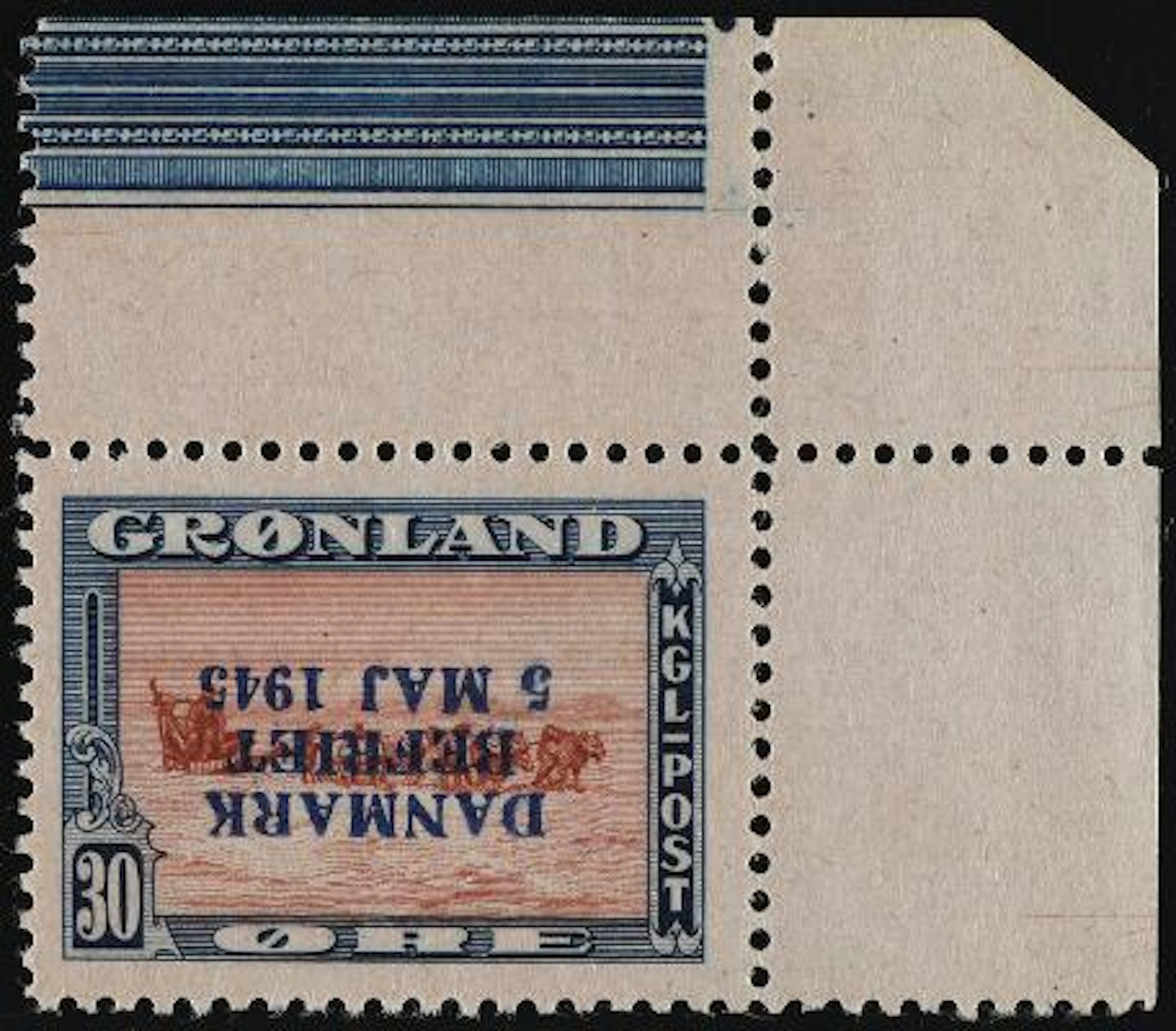1945. Danmark Befriet. 30 øre, blue/brown/red. INVERTED OVERPRINT.
