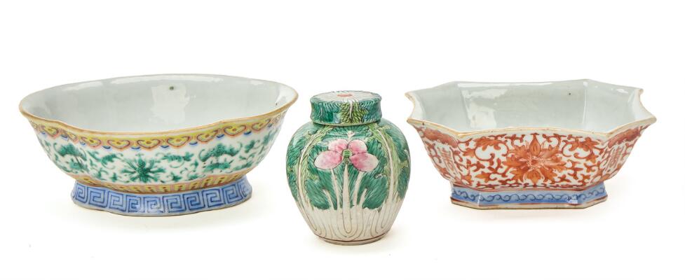 Two Chinese enamelled porcelain bowls and a small lidded jar. Qing