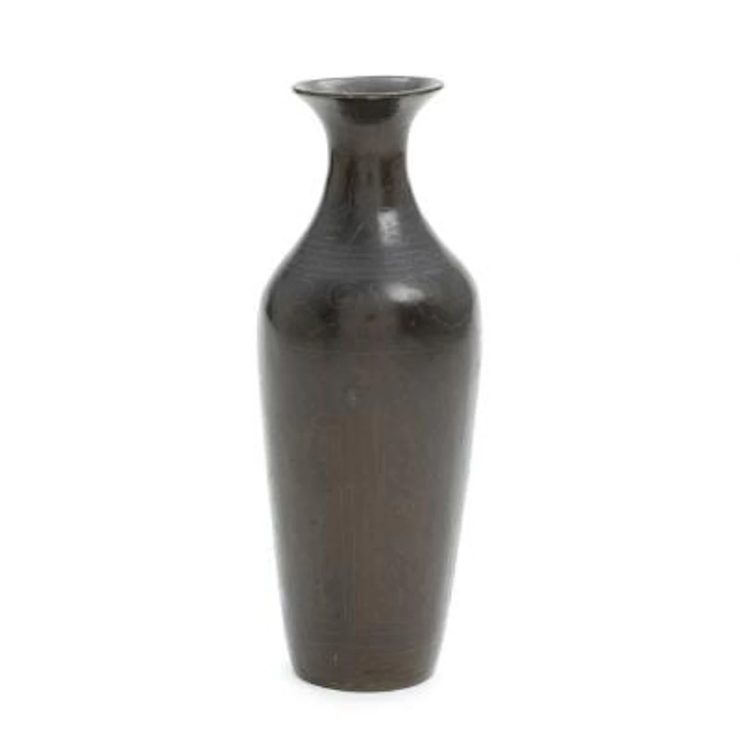 Japanese bottle vase of patinated bronze, decorated with thread inlays.