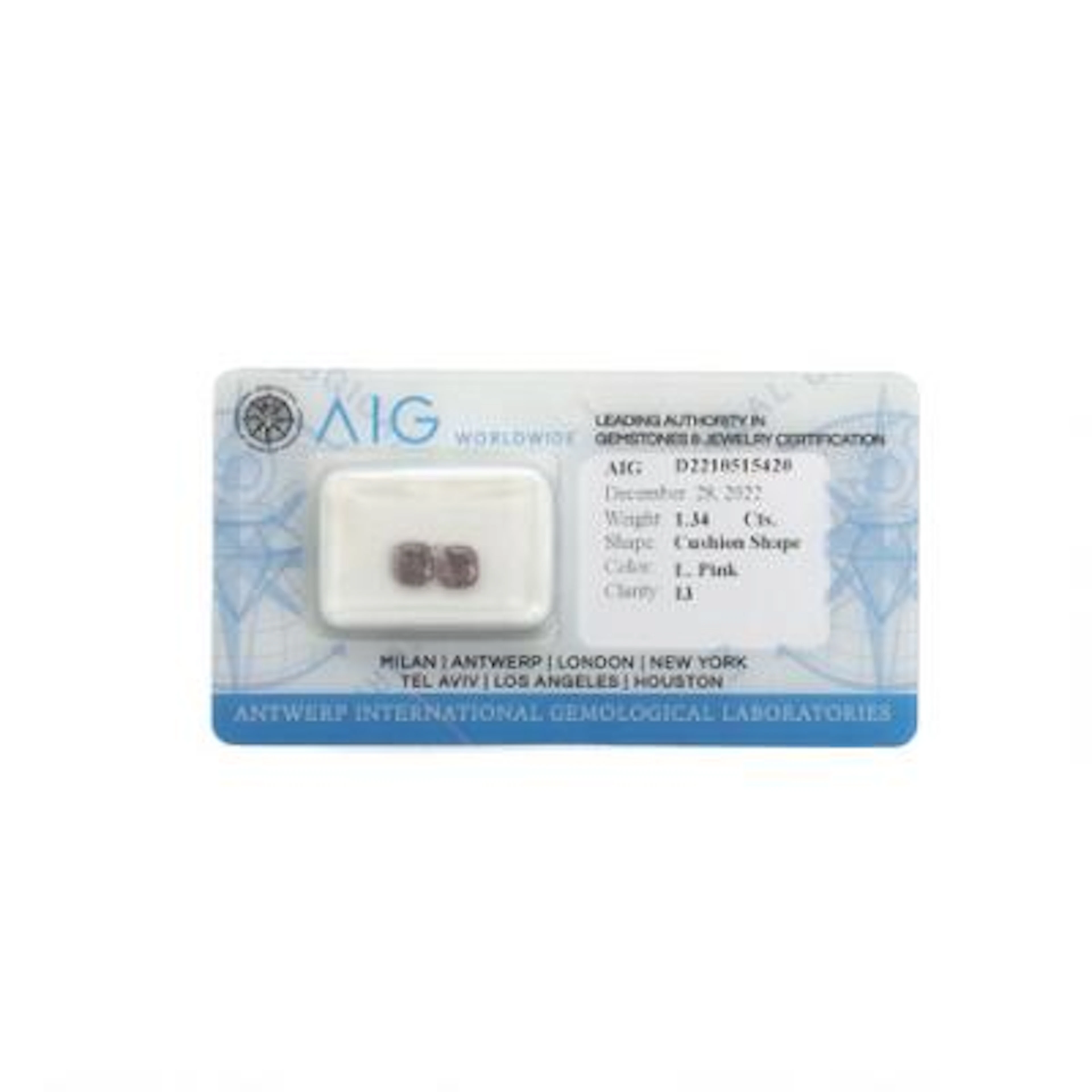 Two unmounted cushion-cut diamonds weighing a total of 1.34 ct. Colour: