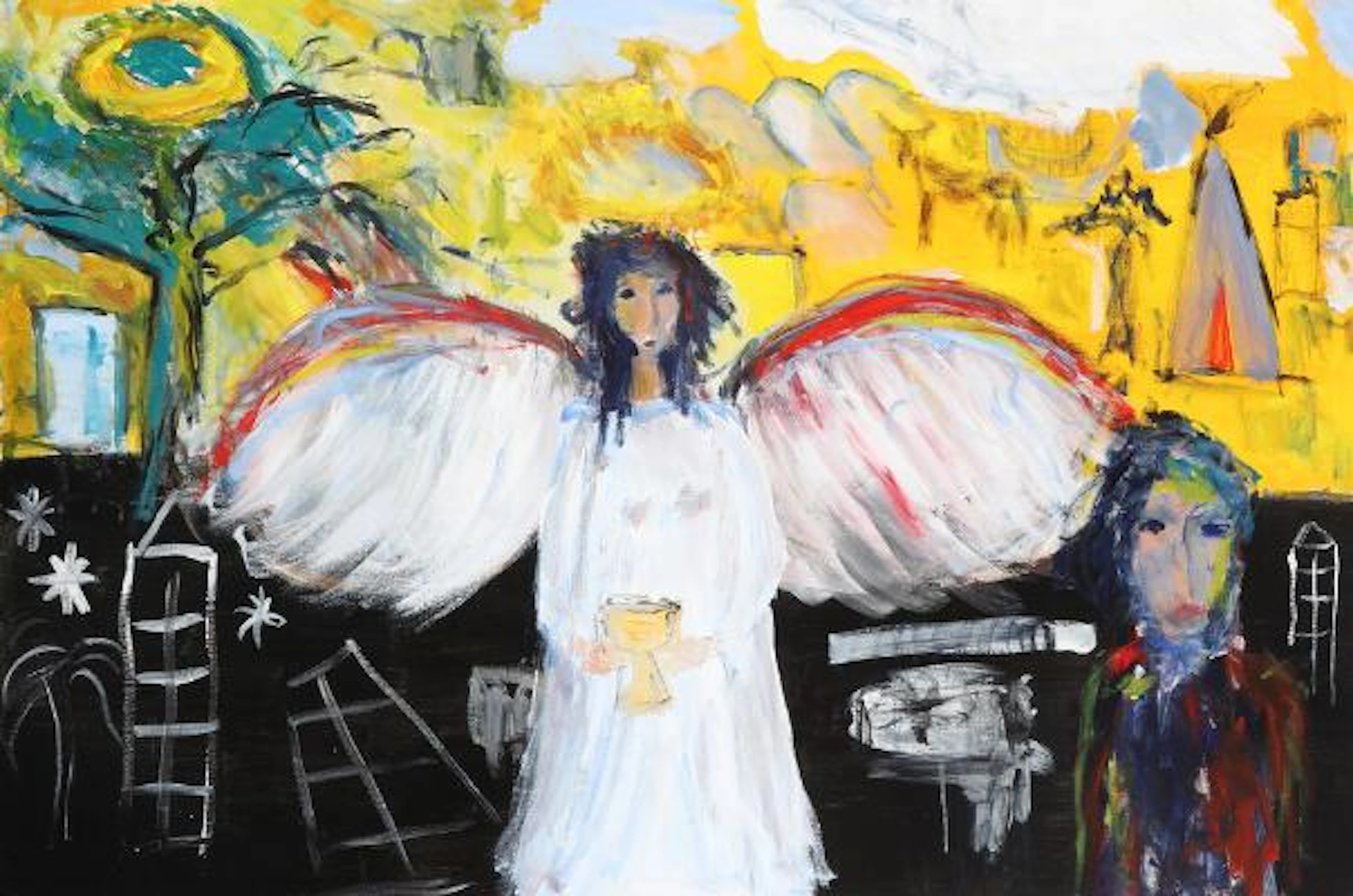 Svend Bie Christensen: Angel. Unsigned. Oil on canvas. 100 x 150 cm.