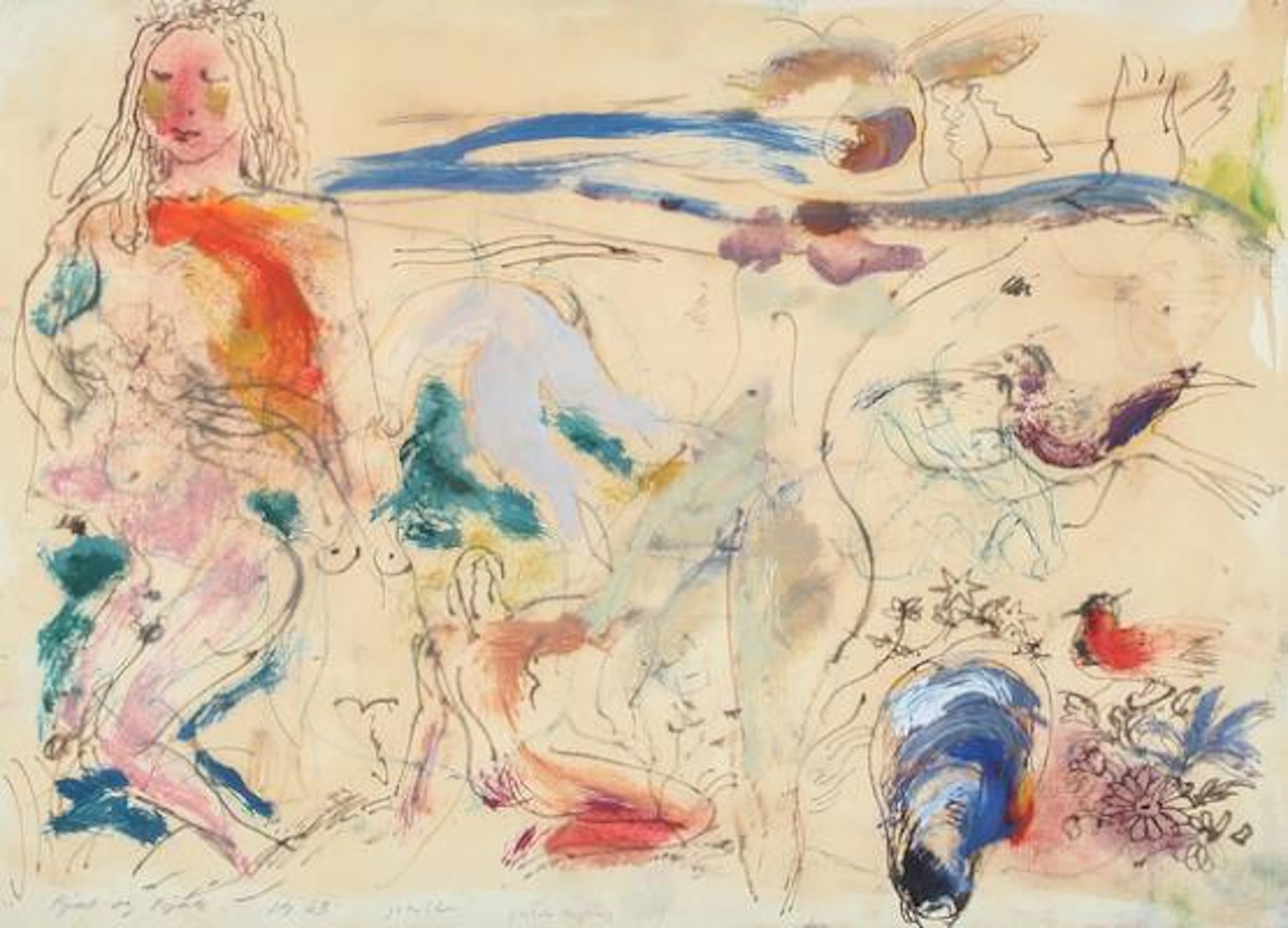 John Olsen: "Pjat og pjank", 1963. Signed John Olsen. Mixed media