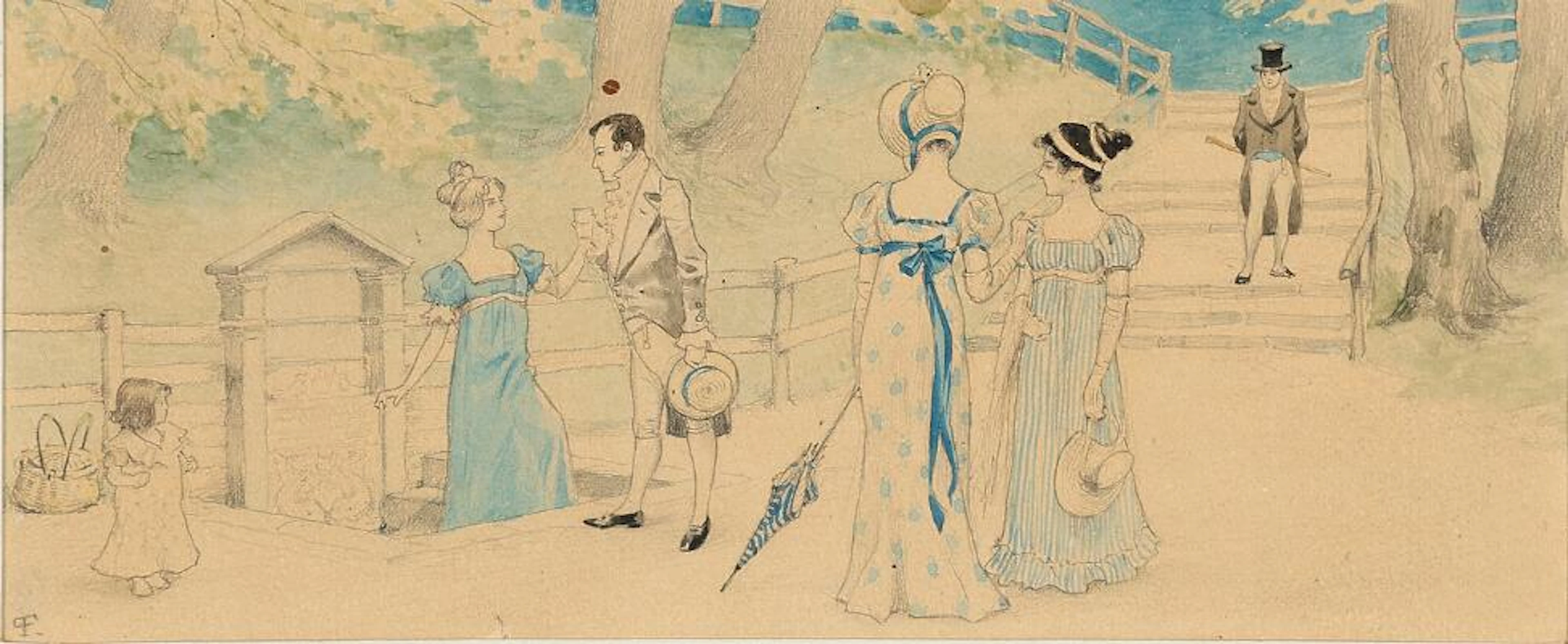 Paul Fischer: People strolling by a spring. Signed with monogram.