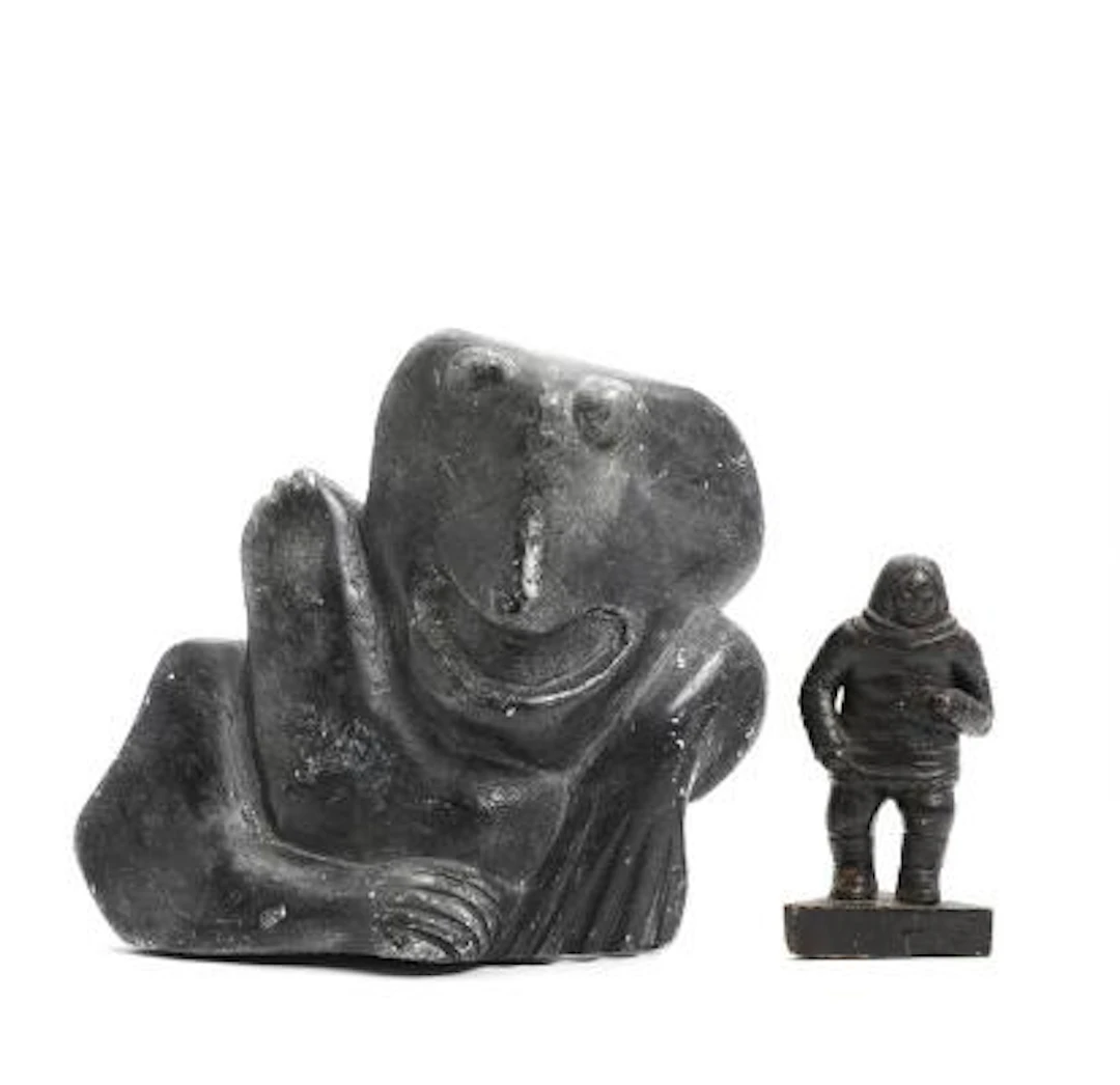 Two Greenlandic soapstone figures in the form of hunters and fabulous
