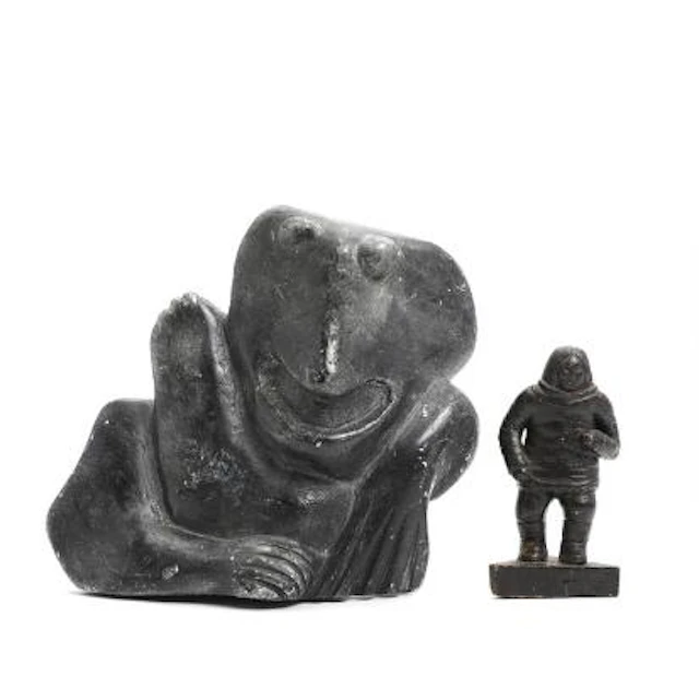 Two Greenlandic soapstone figures in the form of hunters and fabulous