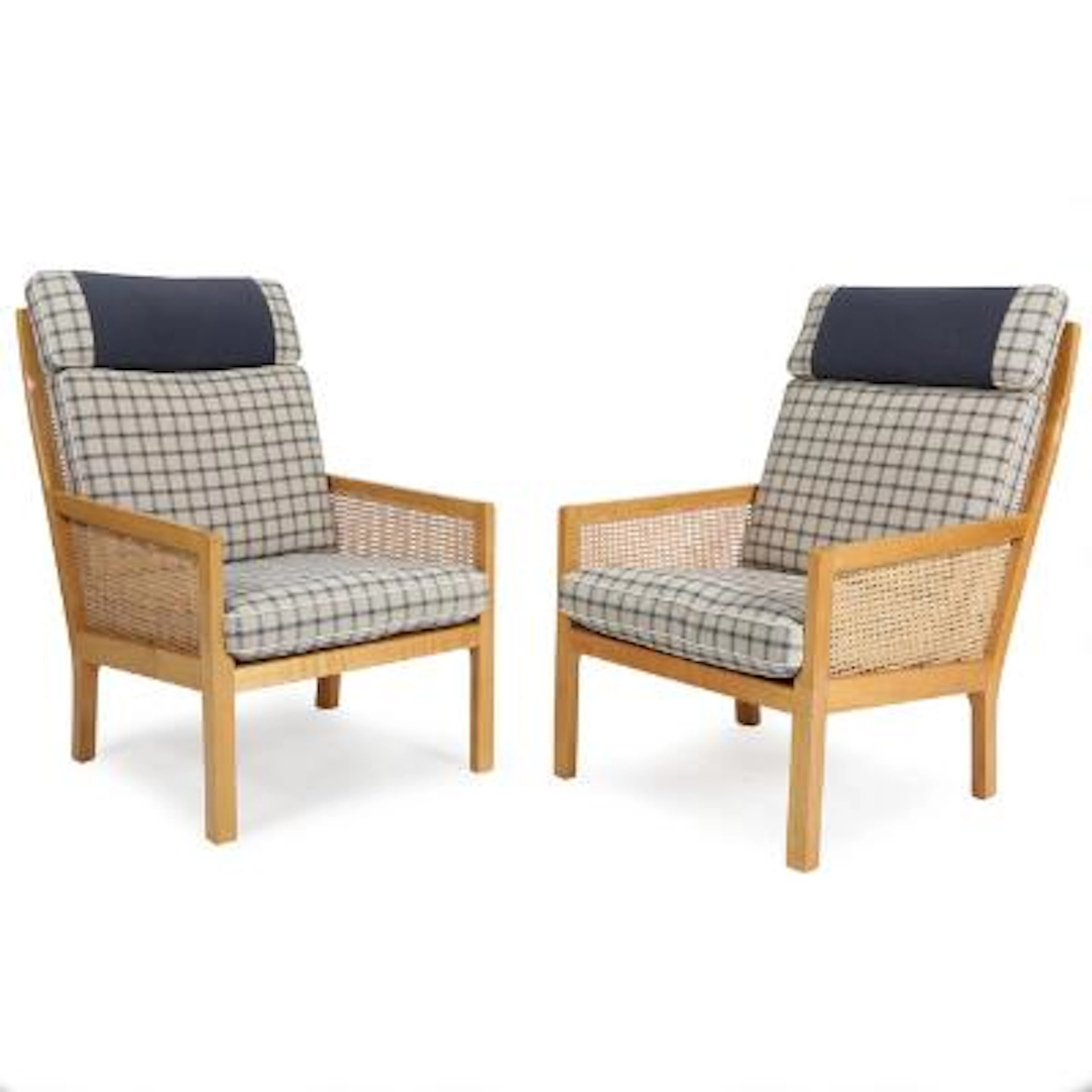 Bernt: A pair of cherry wood easy chairs, suspended with french cane.