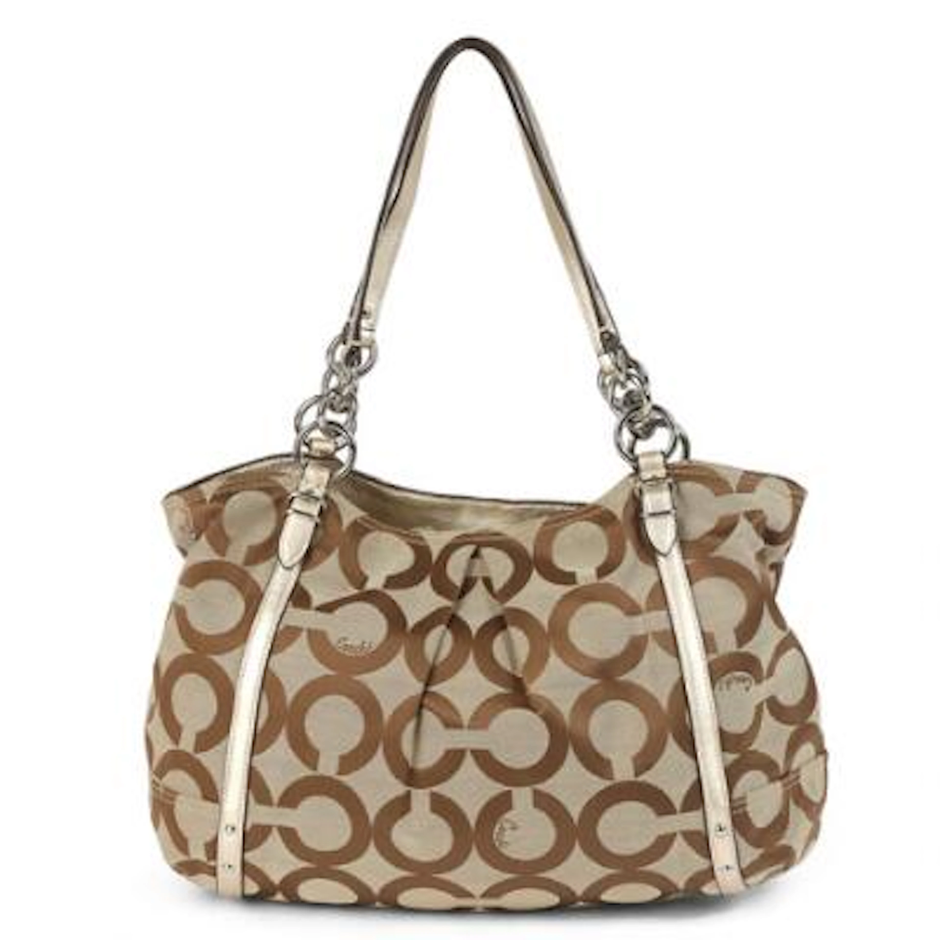 Coach: A bag of golden and brown monogram canvas with golden leather