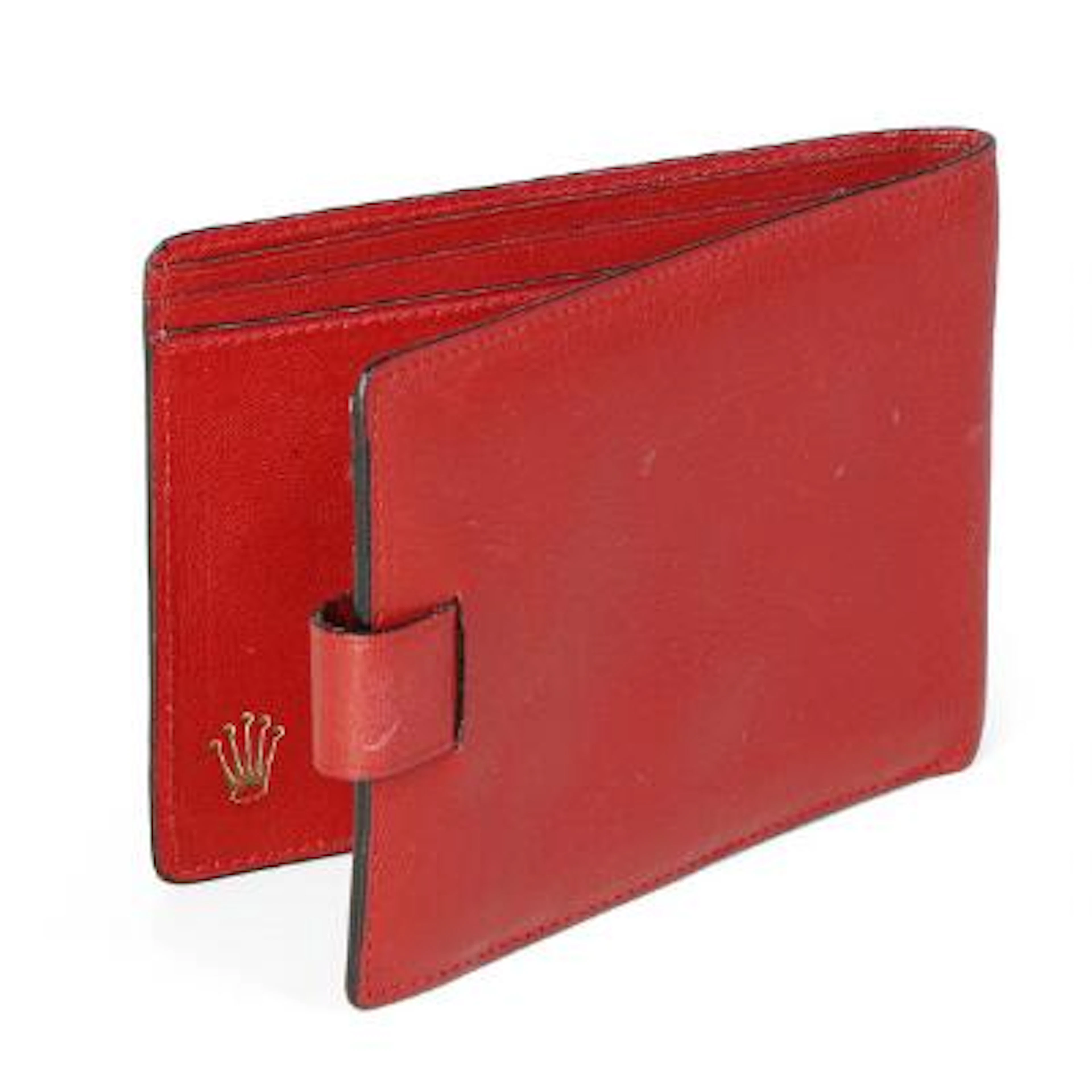 Rolex: A fold over wallet of dark red leather with a press button.