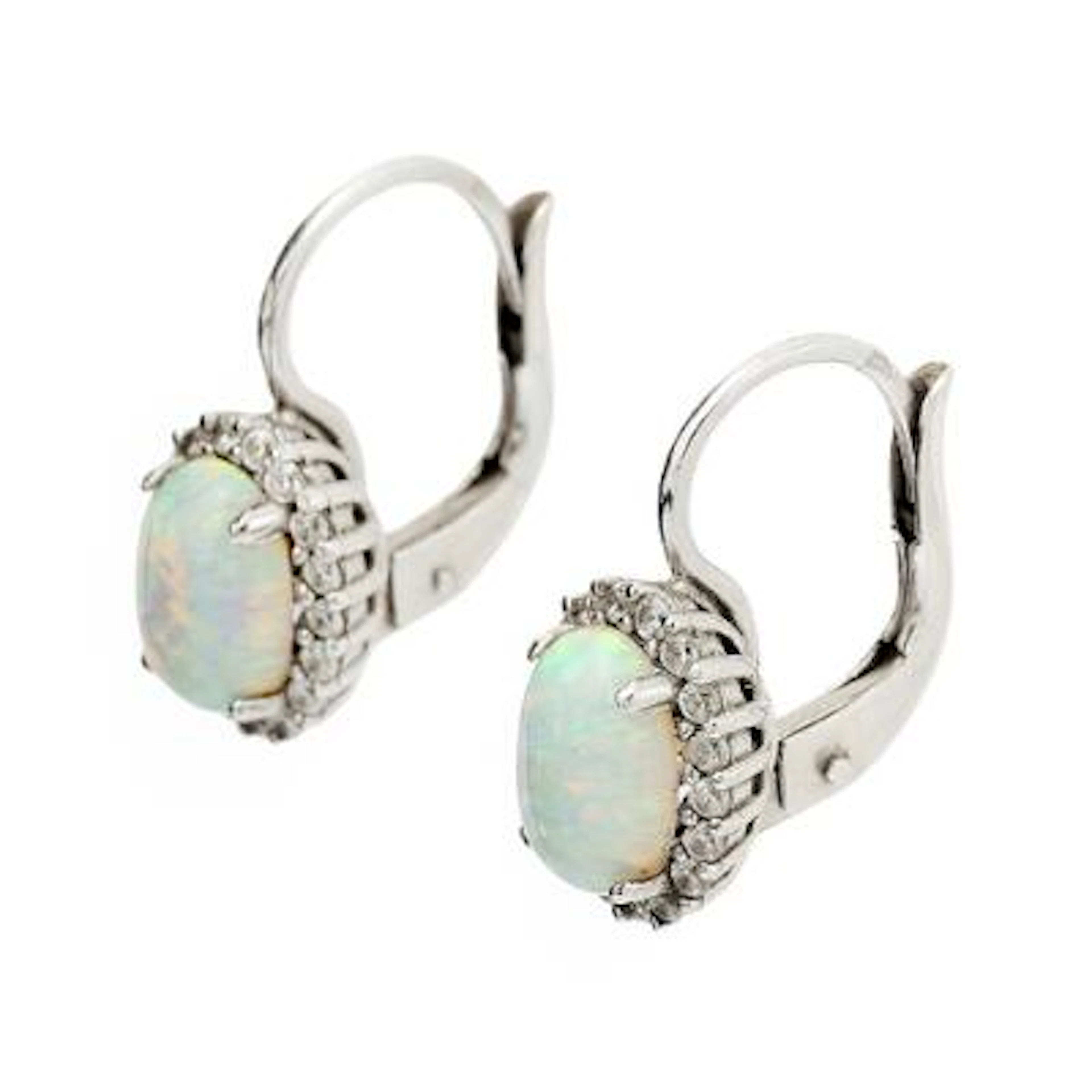 A pair of ear studs set with synthetic opal encircled by colourless