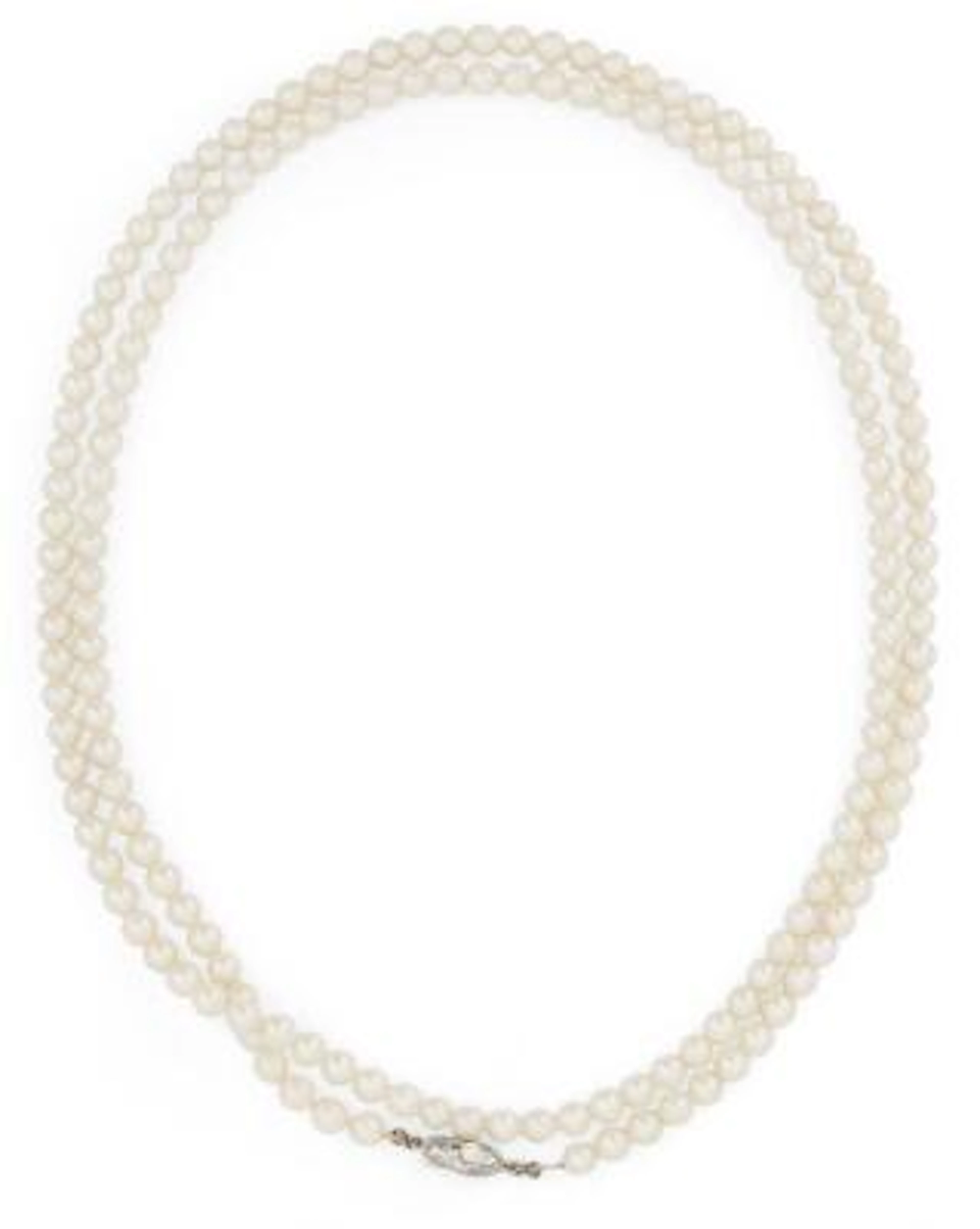 A long pearl necklace set with numerous cultured pearls and a clasp