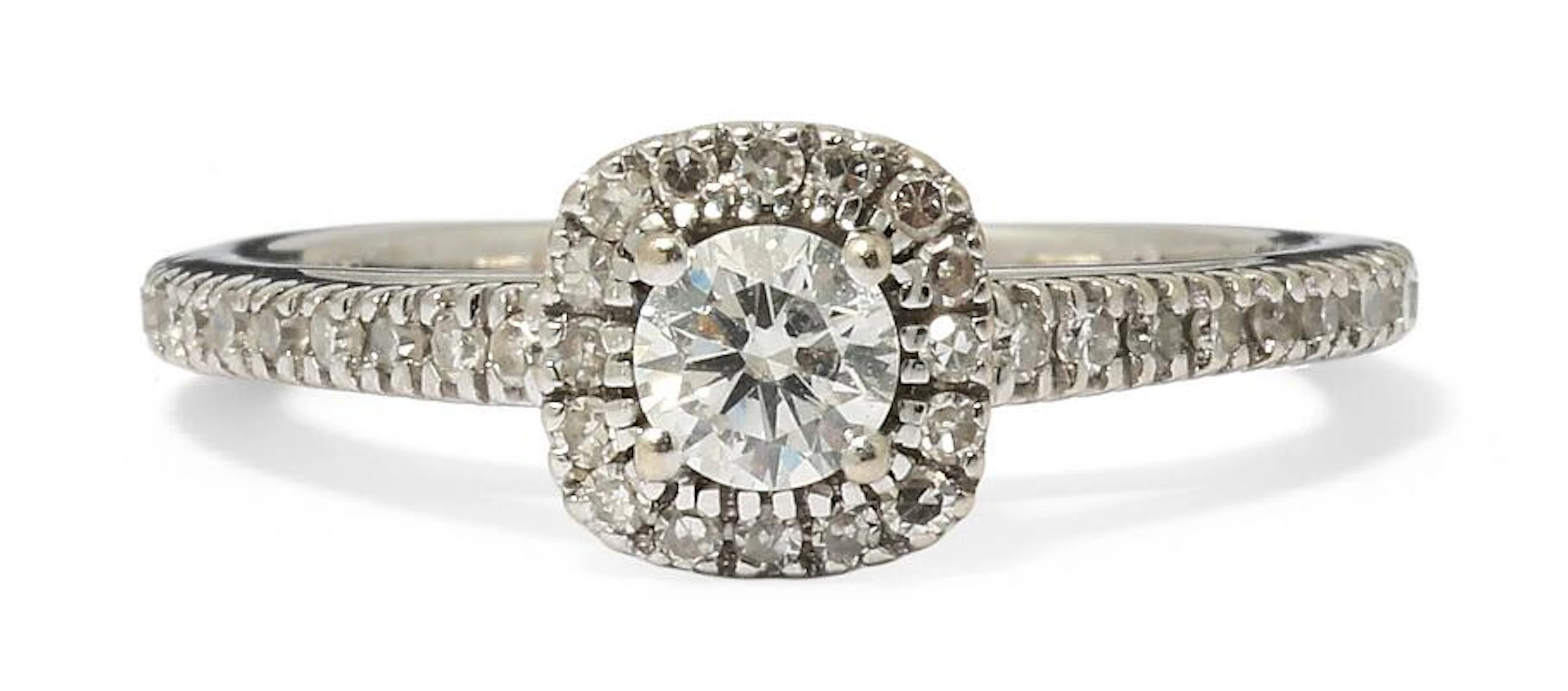 A diamond ring set with numerous brilliant-cut diamonds, mounted in