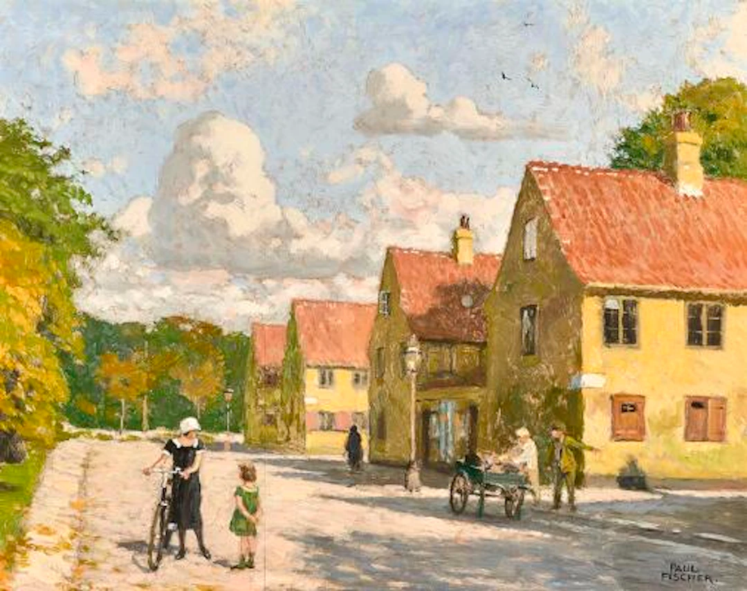 Paul Fischer: A summer's day at Nyboder, Copenhagen. Signed Paul Fischer.