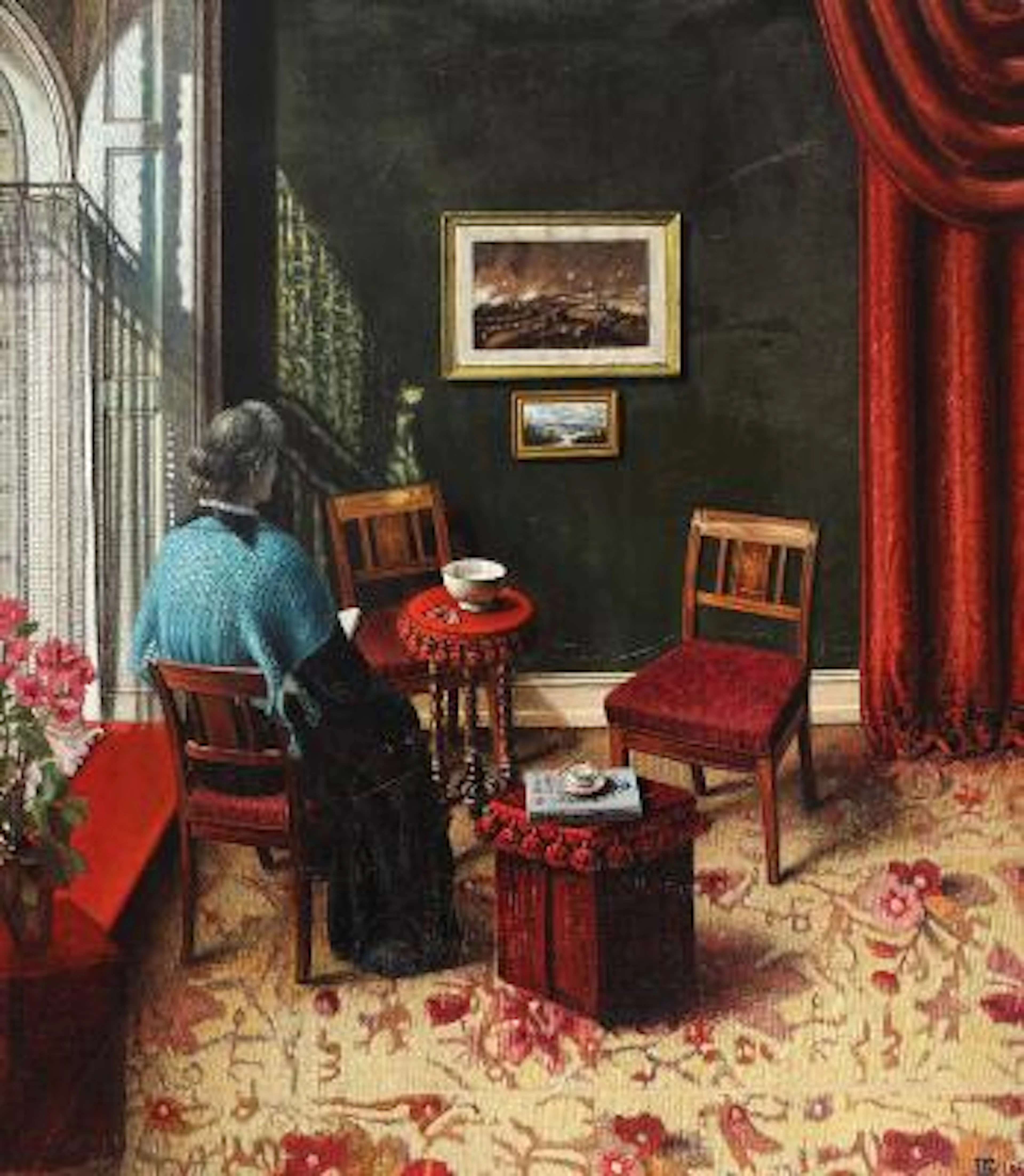 Artist unknown, 19th century: Interior from a living room. Signed.