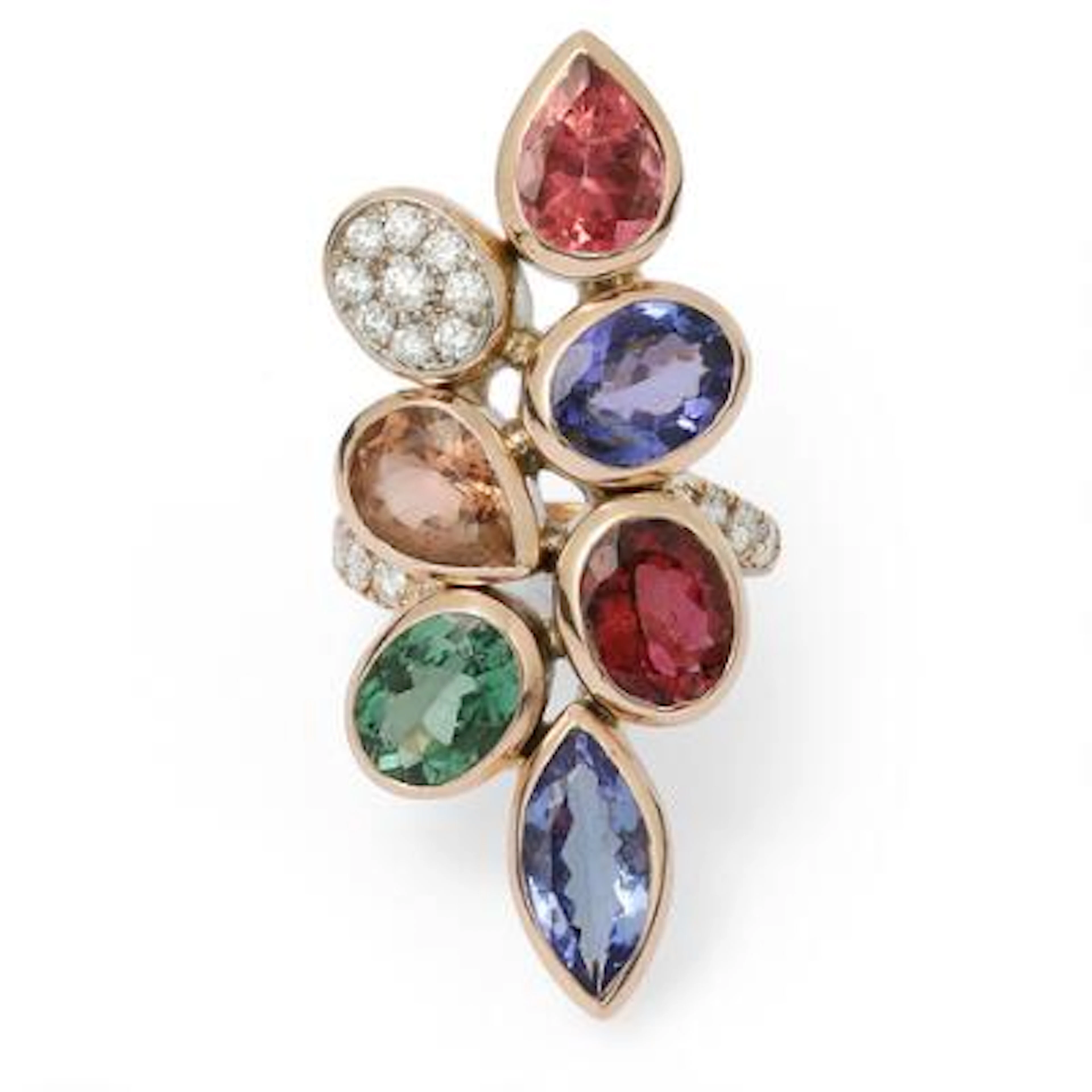 A ring set with tourmalines, tanzanites and diamonds mounted in 9k