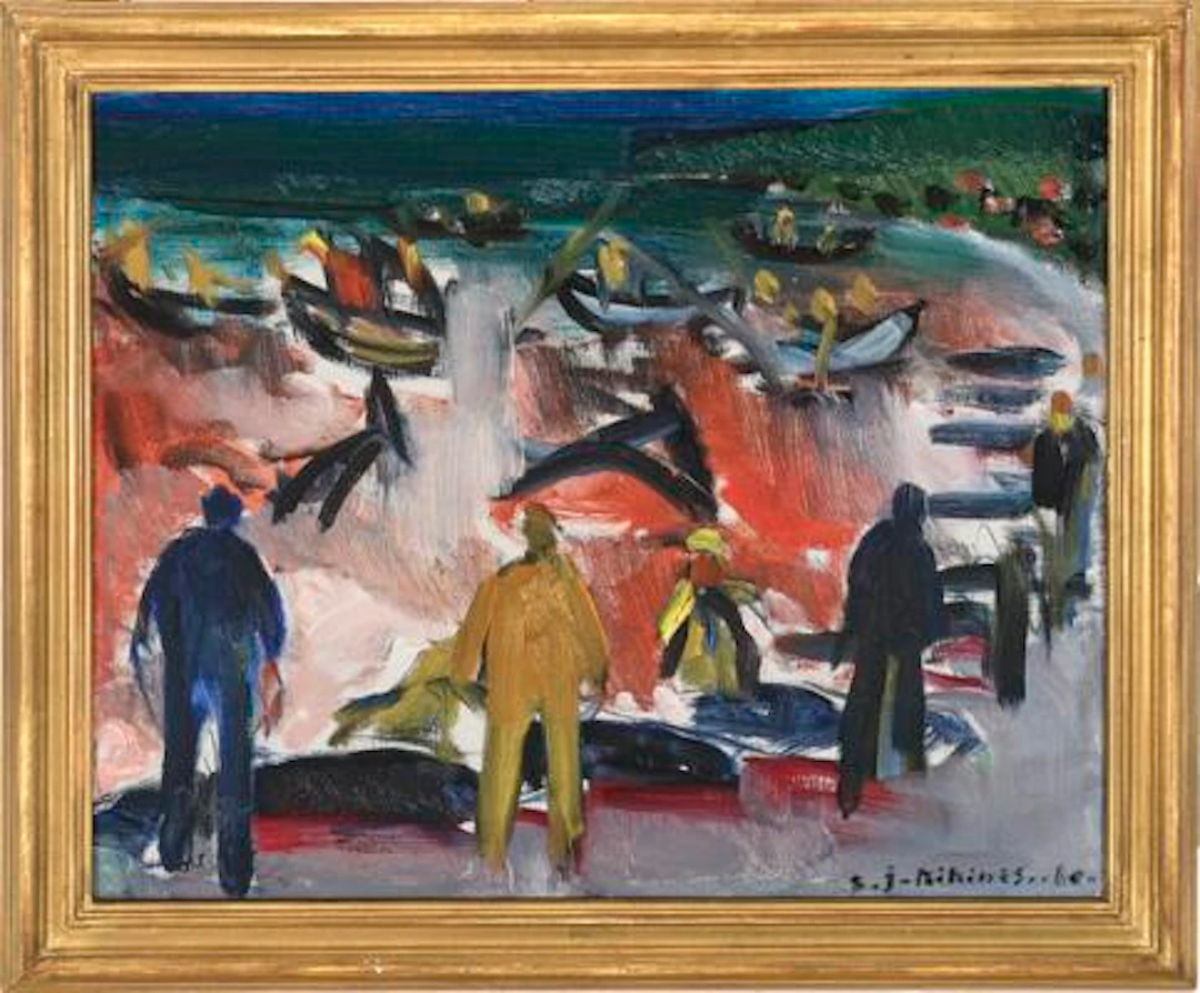 Samuel Joensen-Mikines: Whale killing scene, The Faroe Islands. Signed