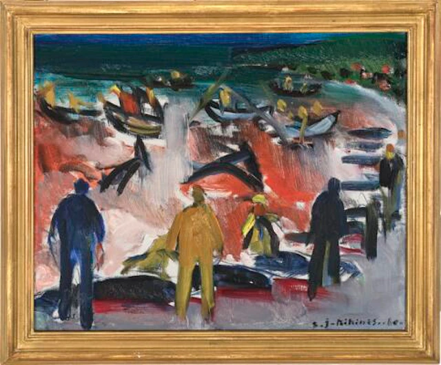 Samuel Joensen-Mikines: Whale killing scene, The Faroe Islands. Signed
