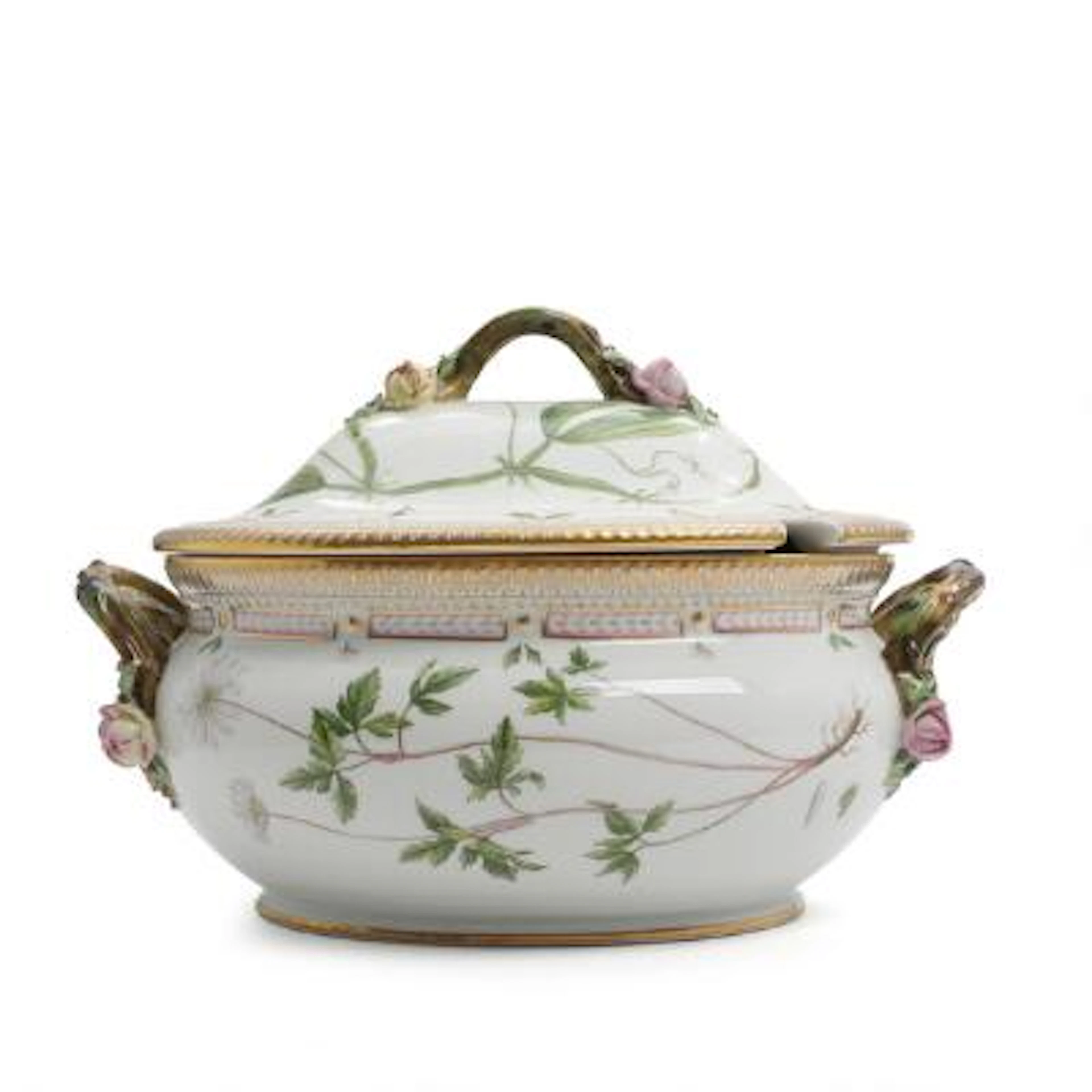 “Flora Danica”. Porcelain tureen, decorated in colours and gold with