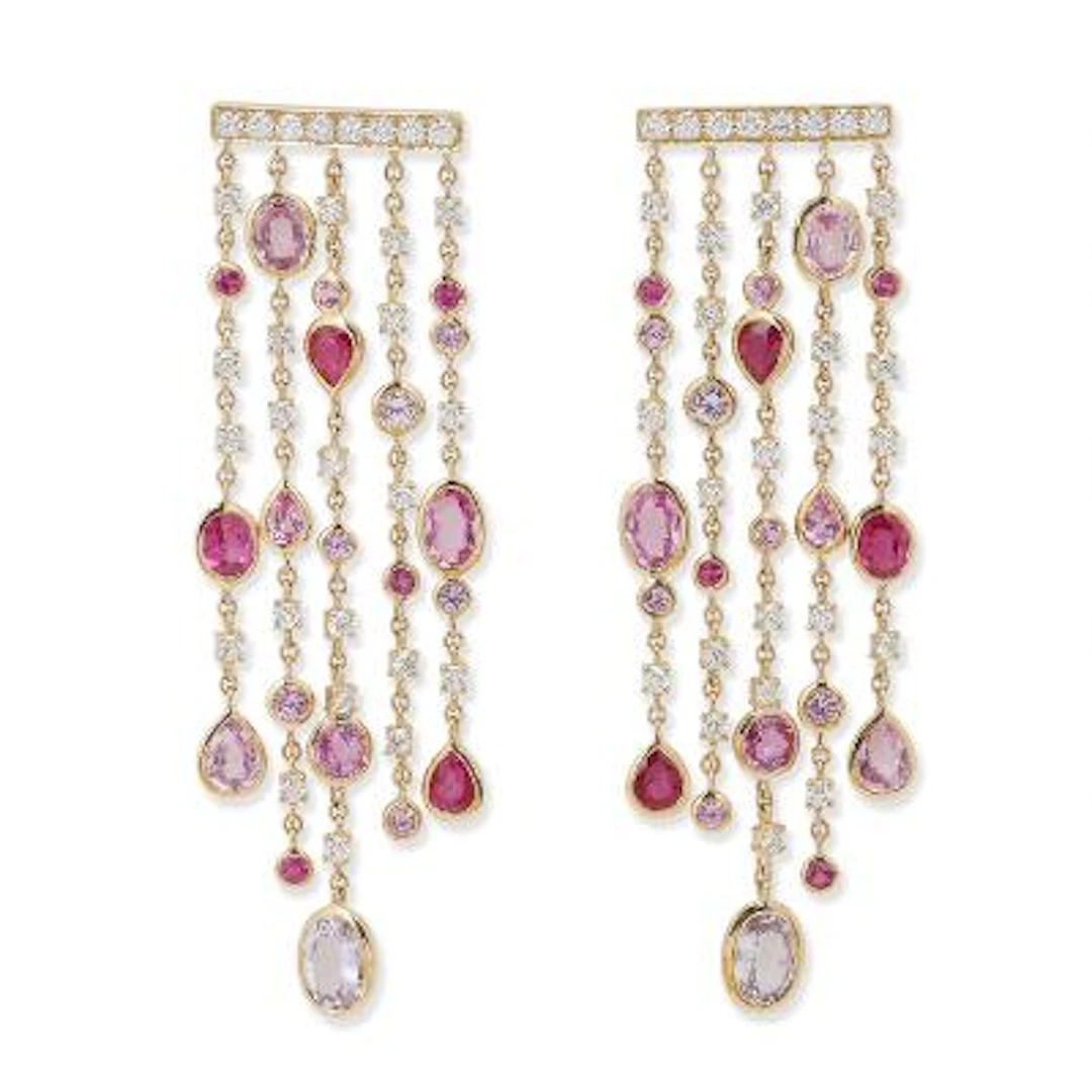 A pair of chandelier ear pendants set with ruby, pink sapphire and