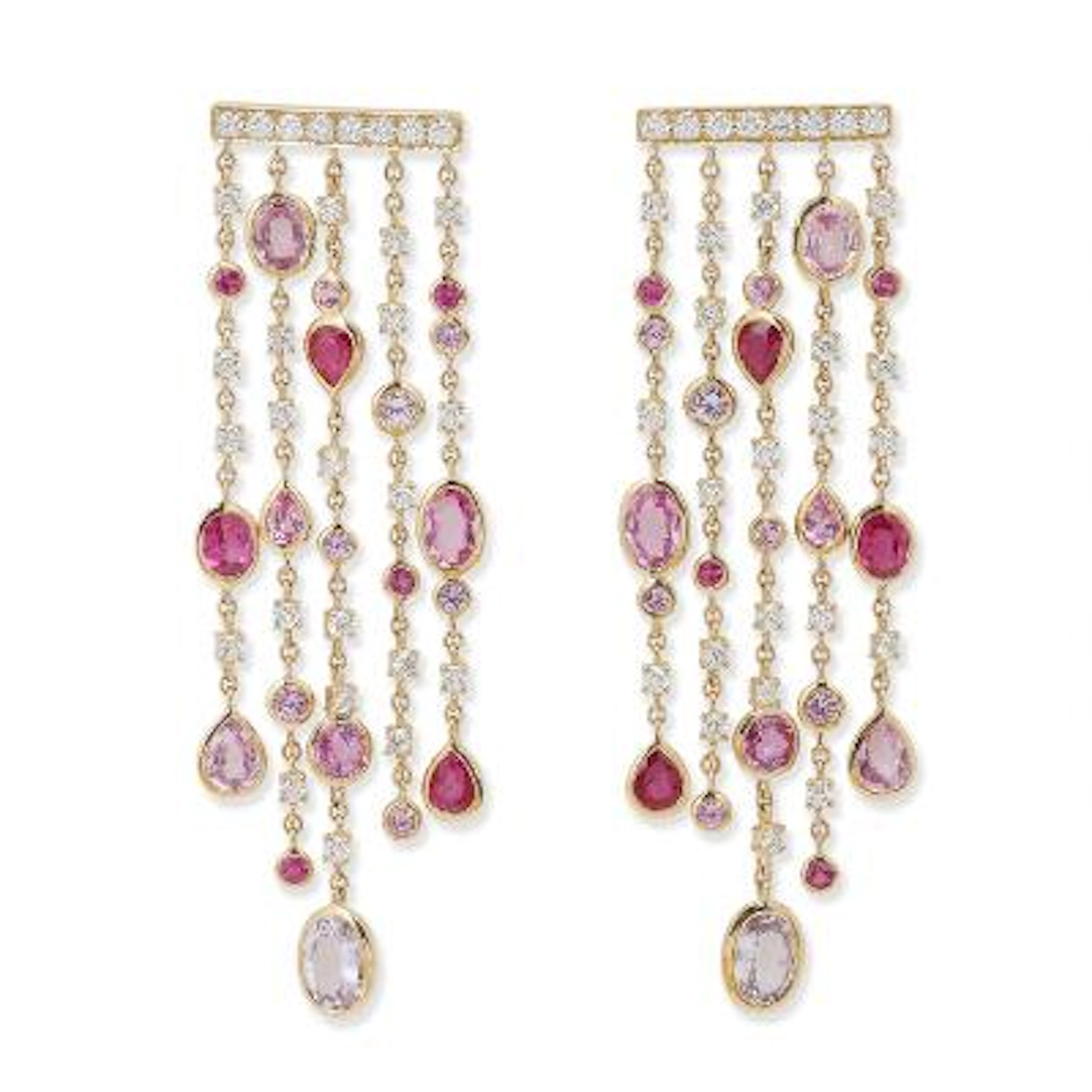 A pair of chandelier ear pendants set with ruby, pink sapphire and
