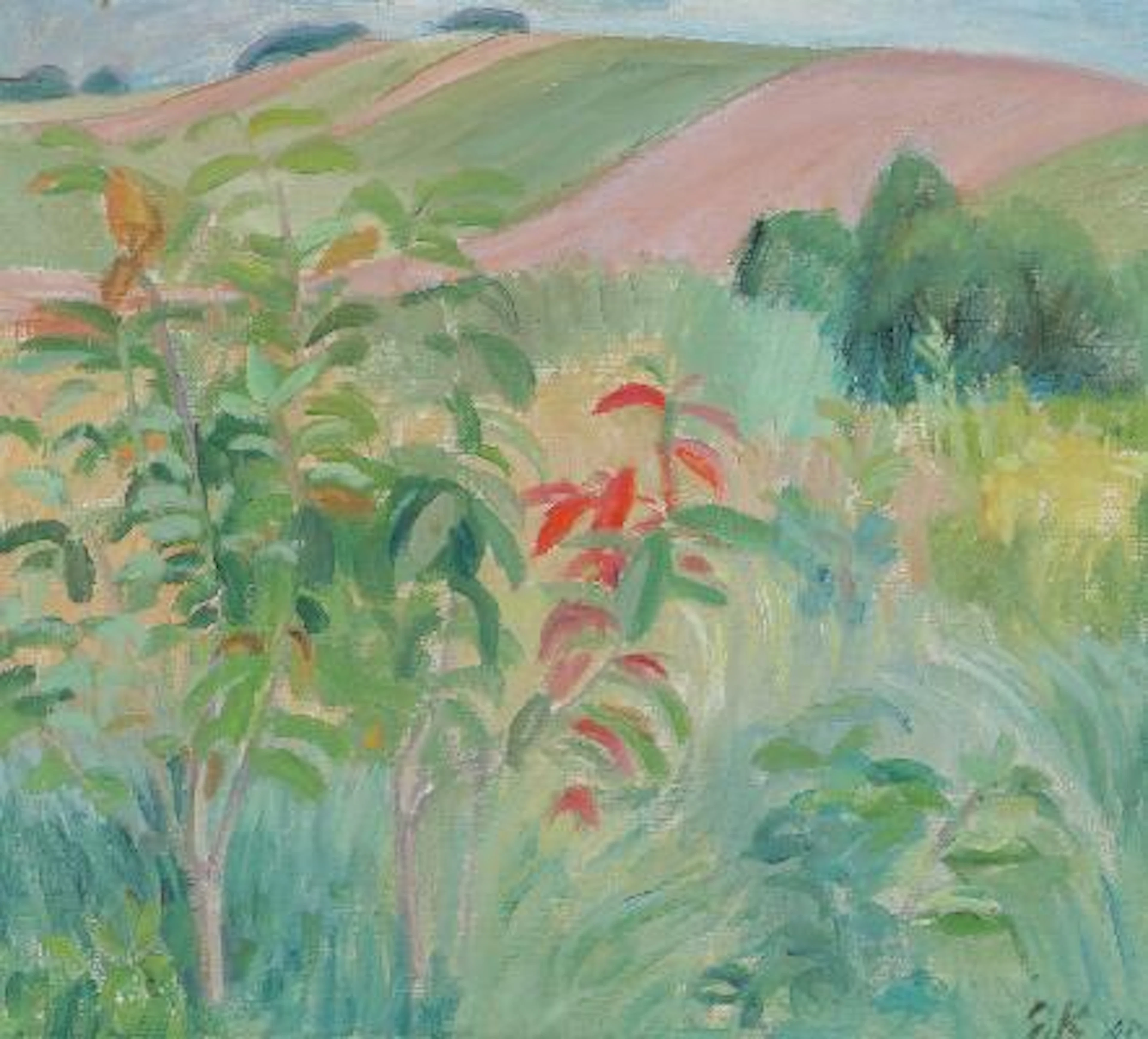 Elisabeth Karlinsky: Hilly Landscape, 1945. Signed E.K 45. Oil on
