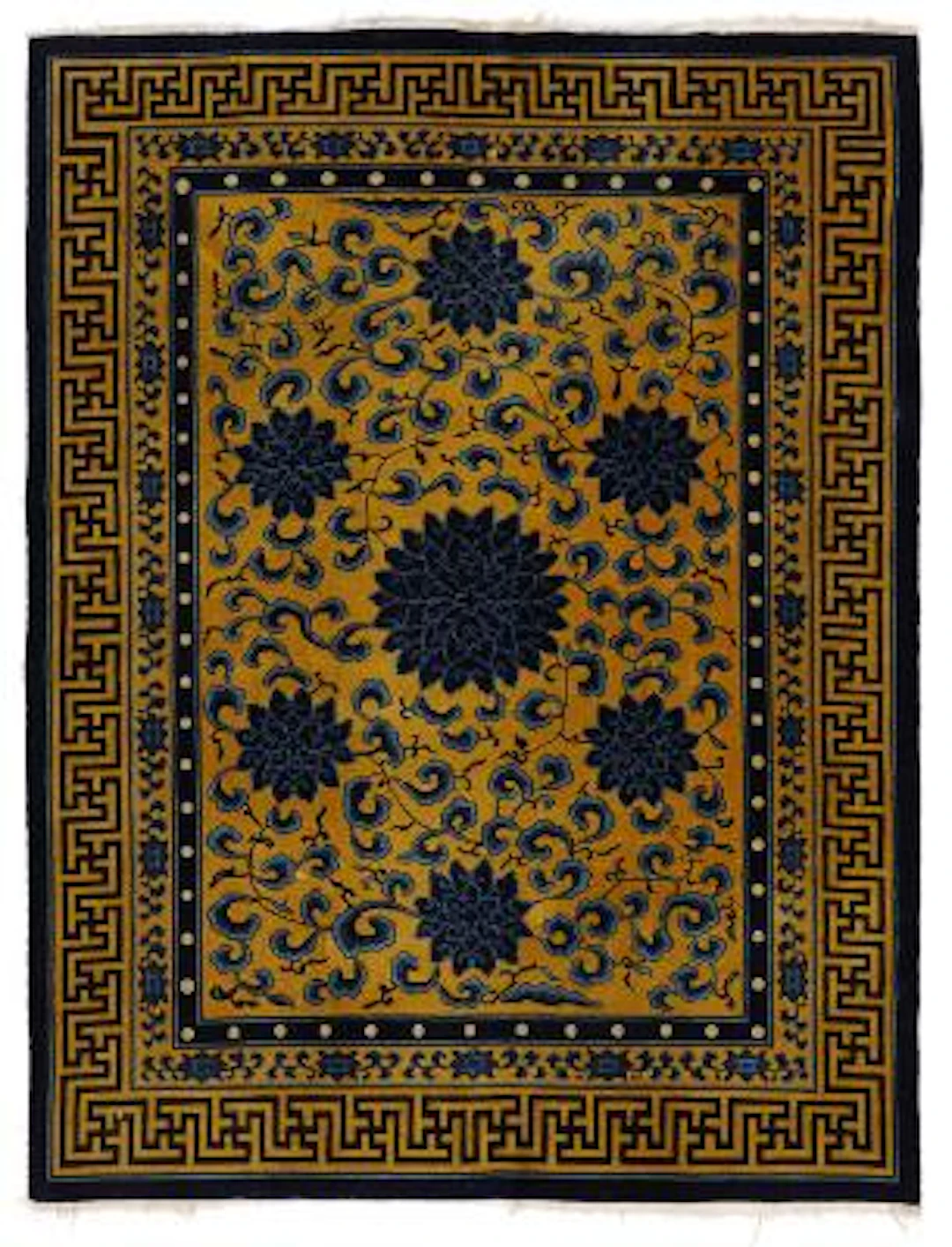 A Chinese carpet in decorative sky design meander main border. Mid-20th