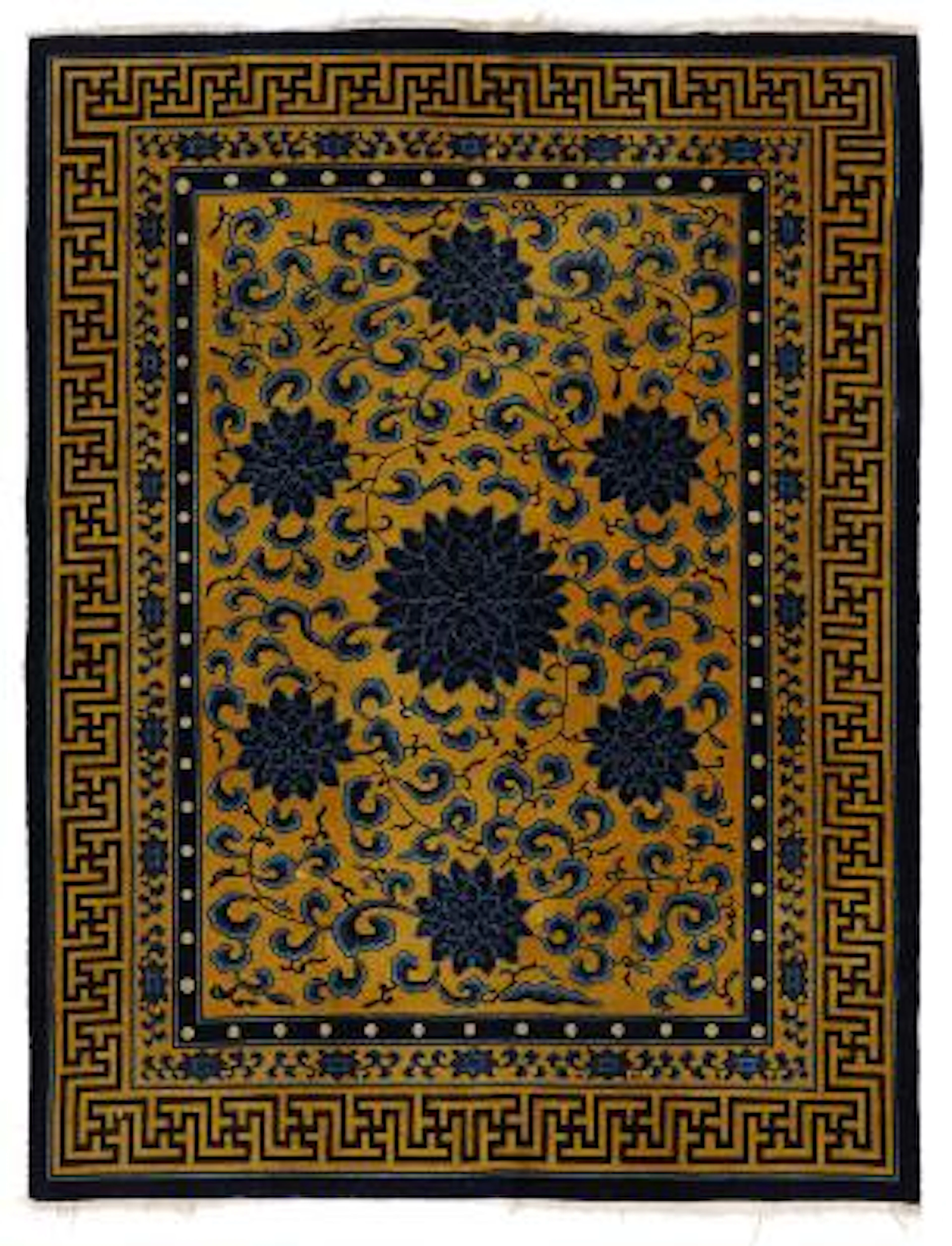 A Chinese carpet in decorative sky design meander main border. Mid-20th