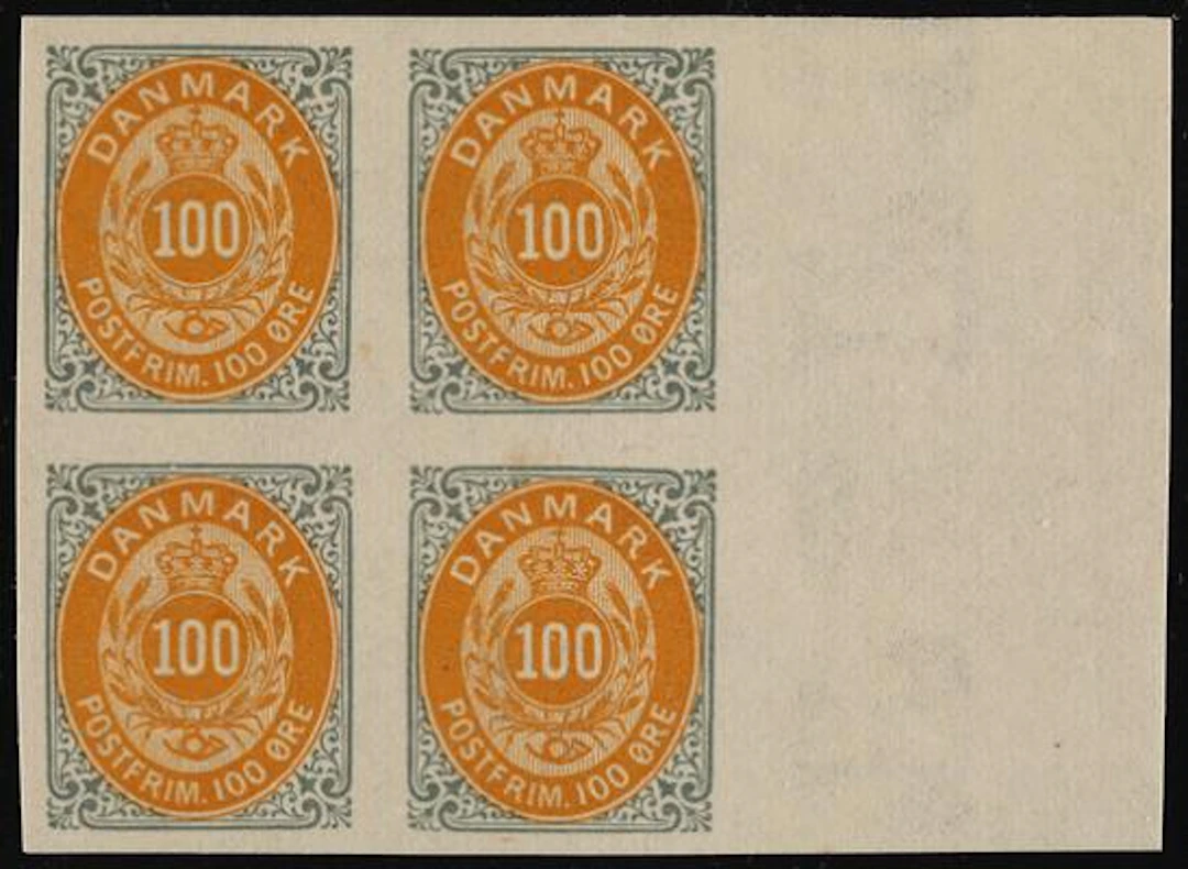 1875. 100 øre, 2.print. IMPERFORATED BLOCK OF 4 with full right sheet