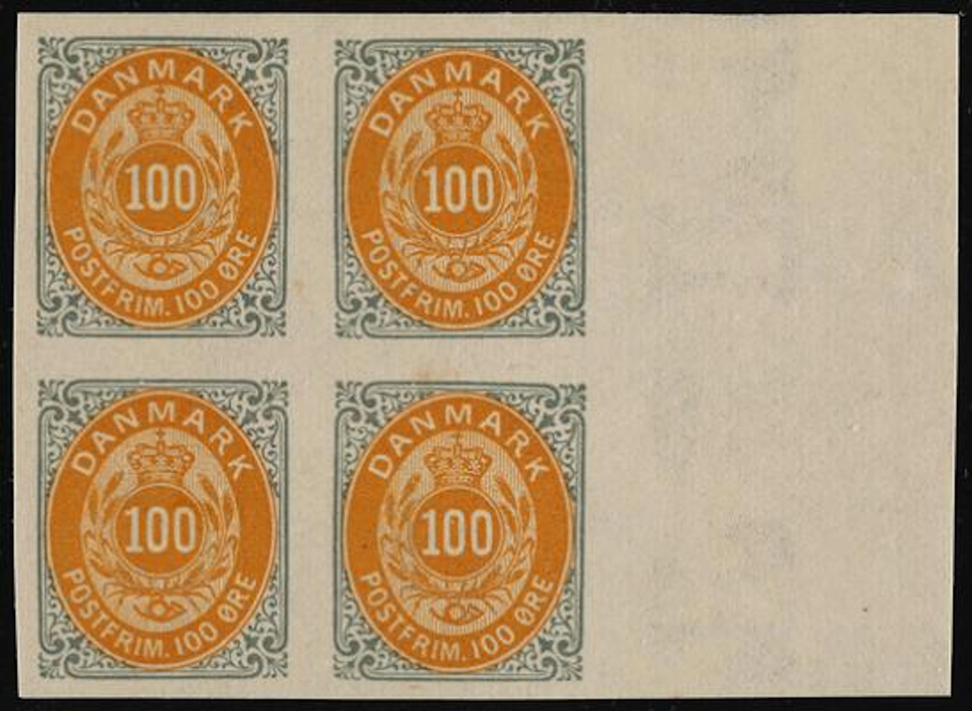 1875. 100 øre, 2.print. IMPERFORATED BLOCK OF 4 with full right sheet