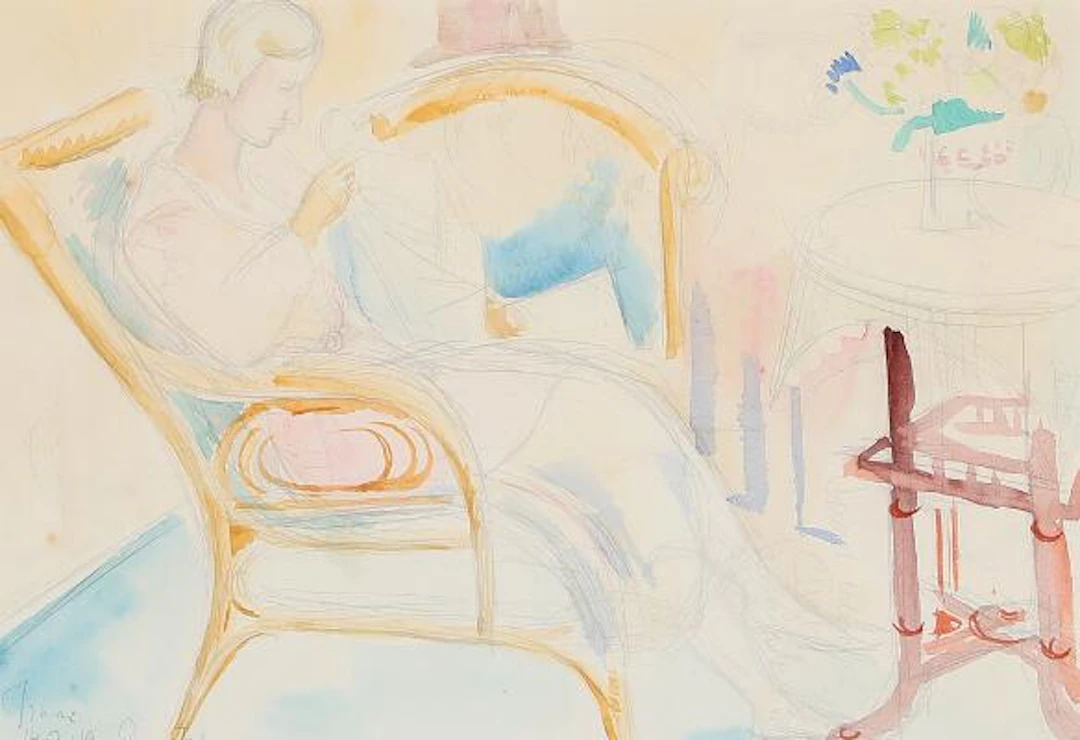 Isaac Grünewald: Woman sewing. Signed. Watercolour and pencil on paper.