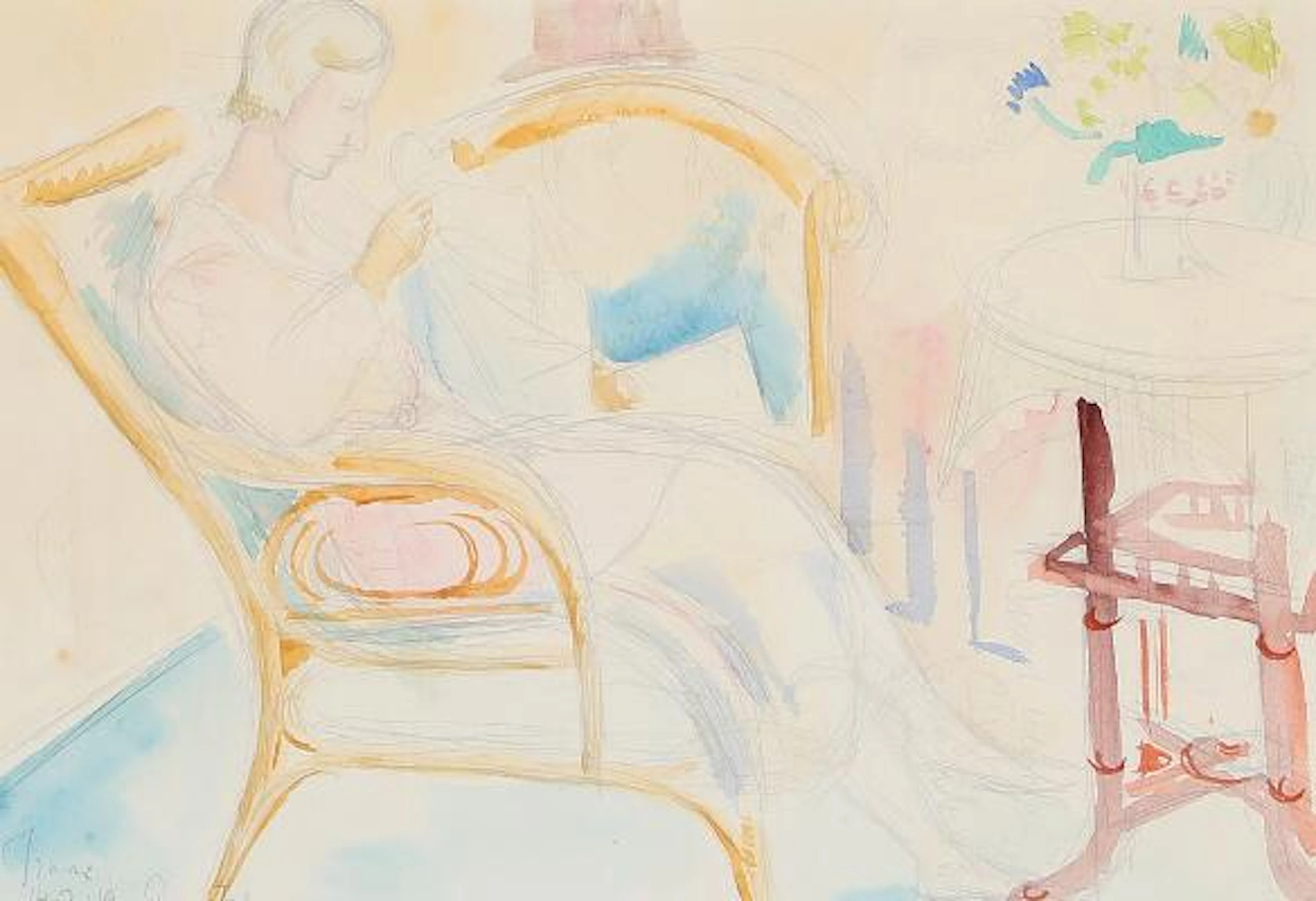 Isaac Grünewald: Woman sewing. Signed. Watercolour and pencil on paper.