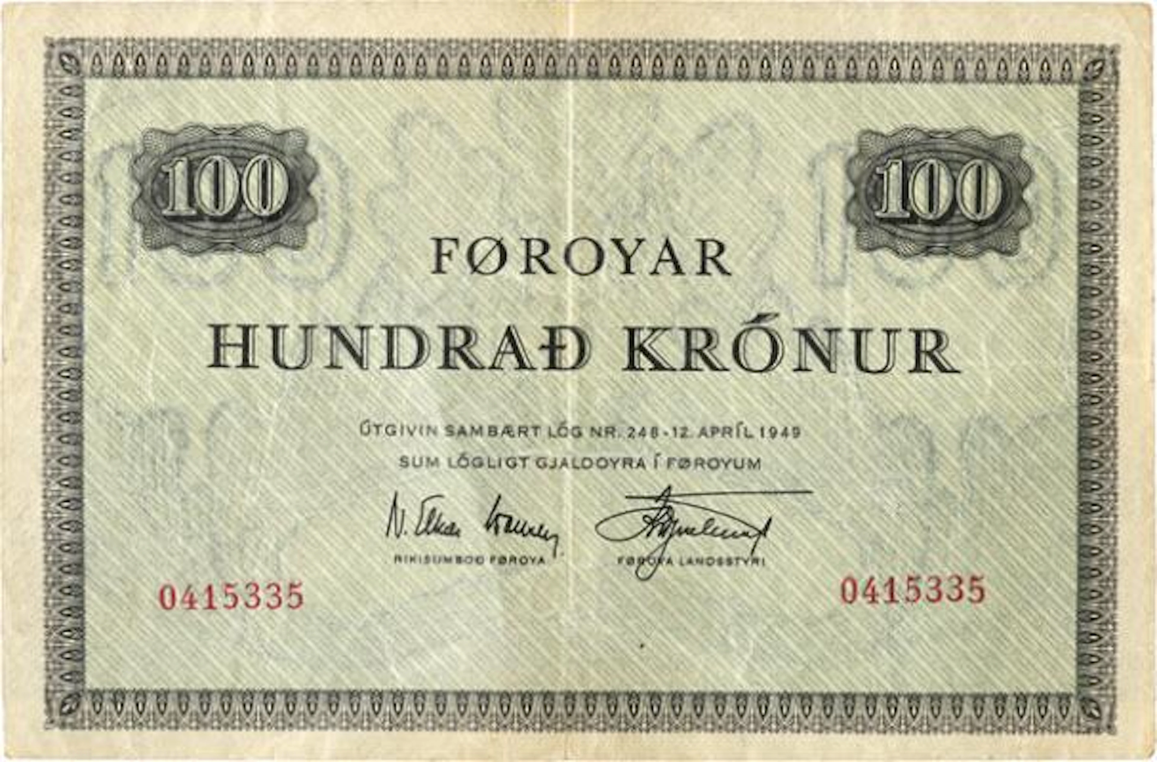 Faroe Islands, 100 kr (1952), no. 415335, N. Elkjær-Hansen / Kr. Djurhuus