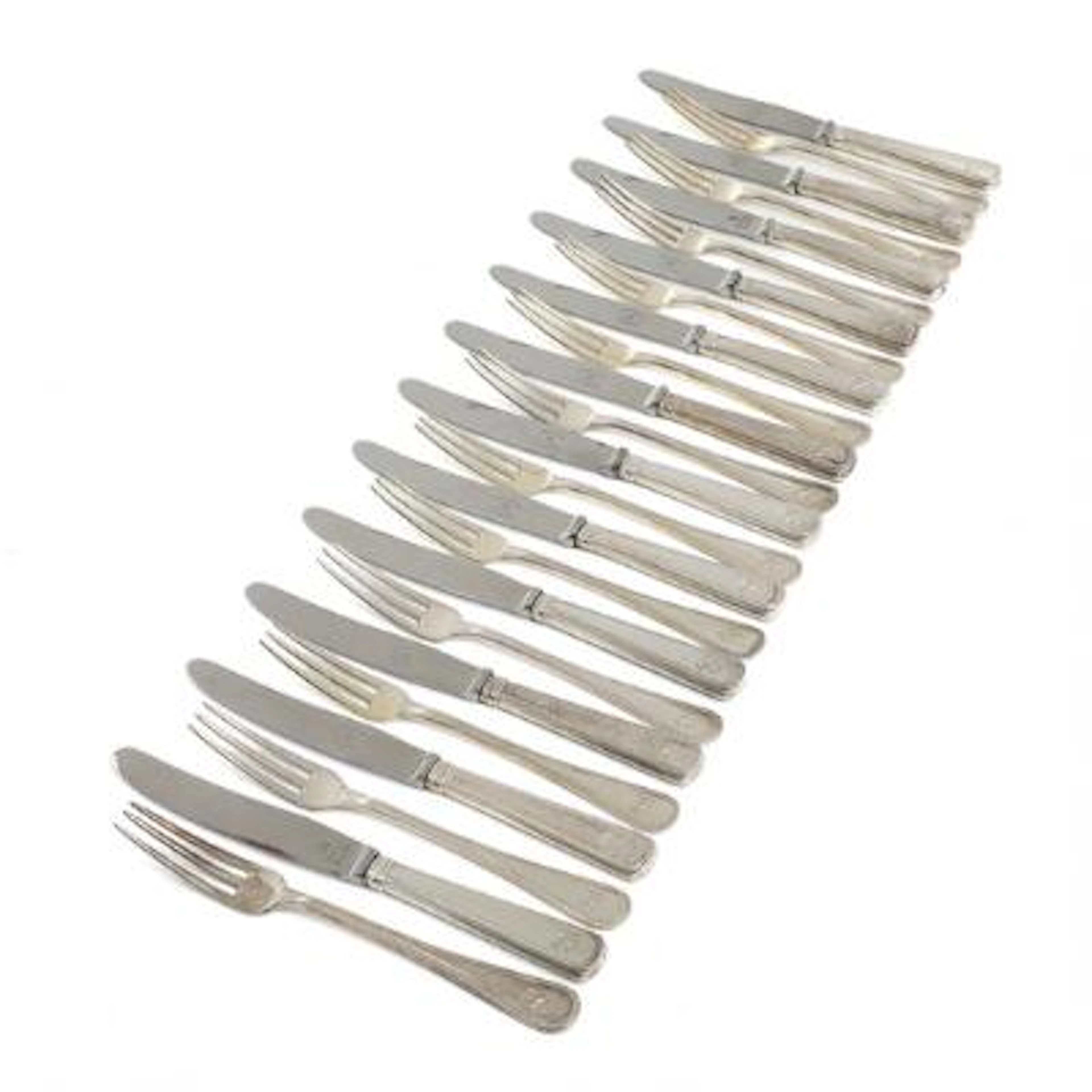 A silver dessert cutlery, comprising 12 pastry forks and 12 fruit