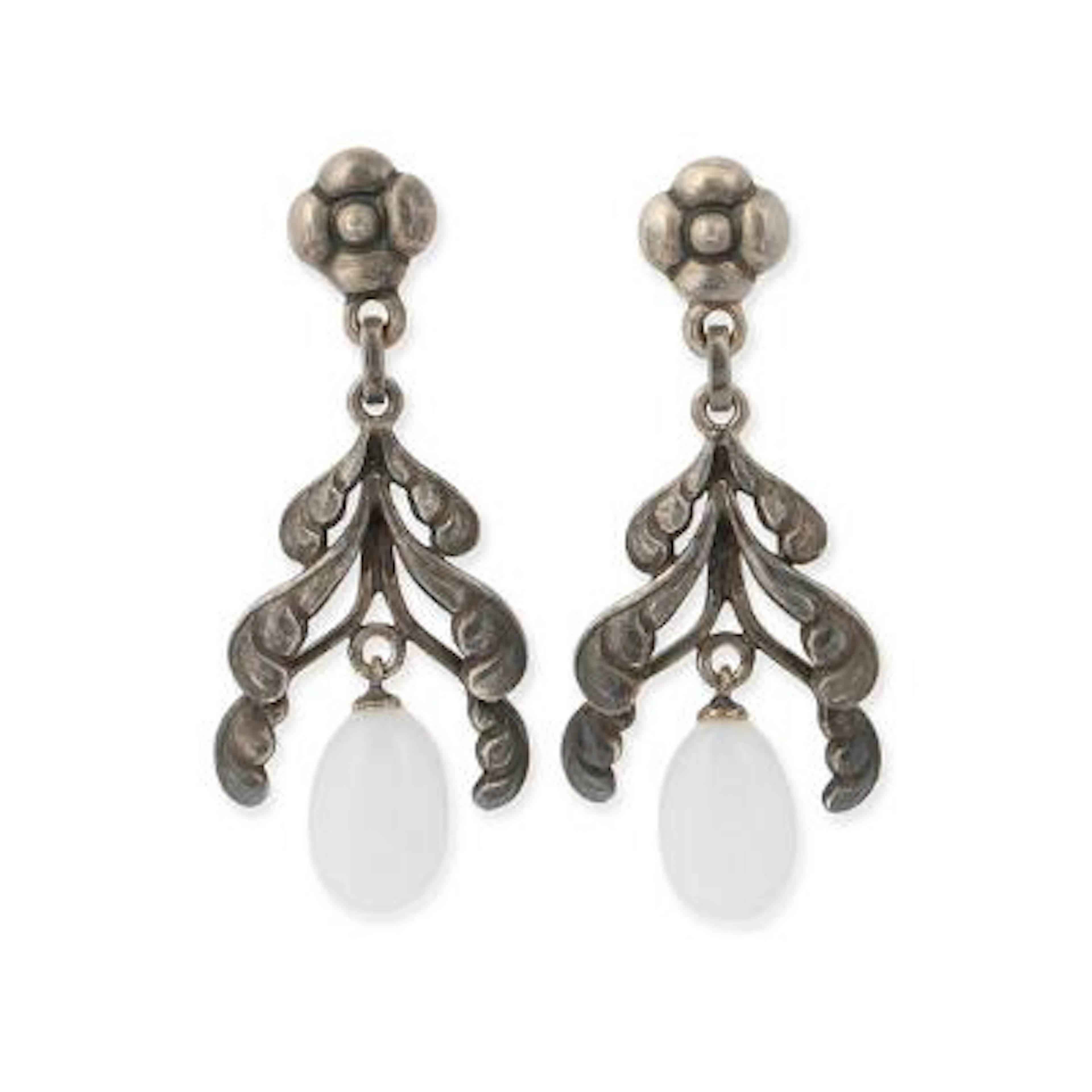 Georg Jensen: A pair of chalcedony ear pendants each set with a chalcedony
