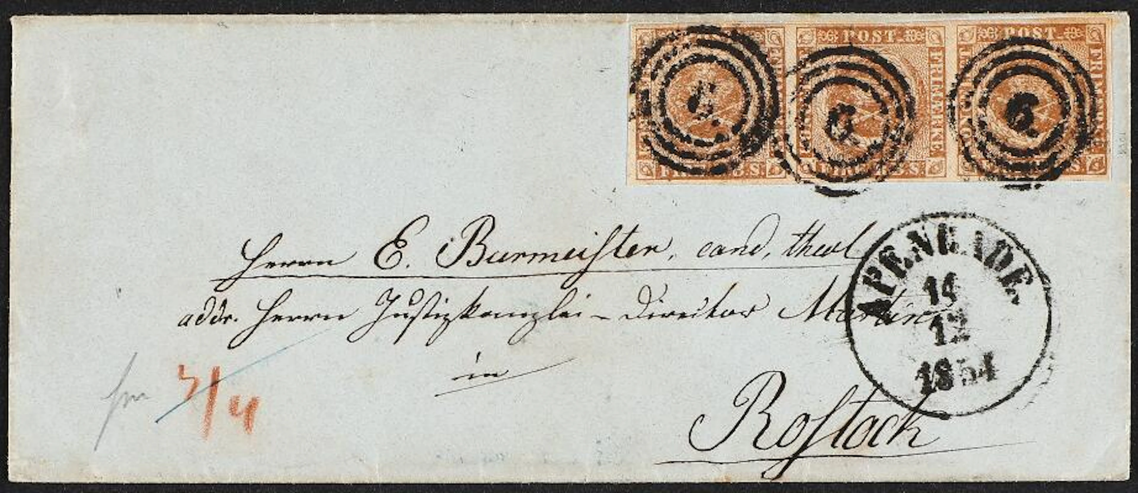 1854. 4 RBS Thiele III, greybrown. Plate III, no. 48-50. STRIP OF