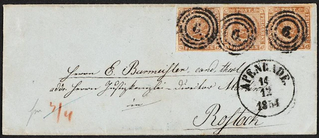 1854. 4 RBS Thiele III, greybrown. Plate III, no. 48-50. STRIP OF