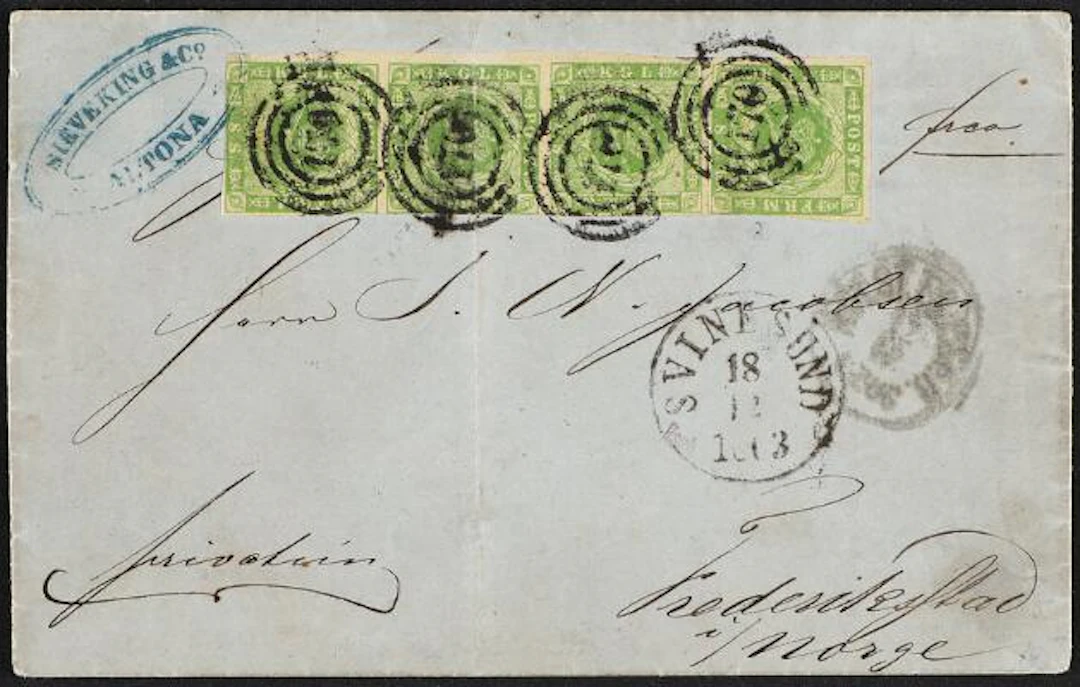 1854. 8 sk. green. STRIP of 4 on cover from Altona via Sweden to Norway.
