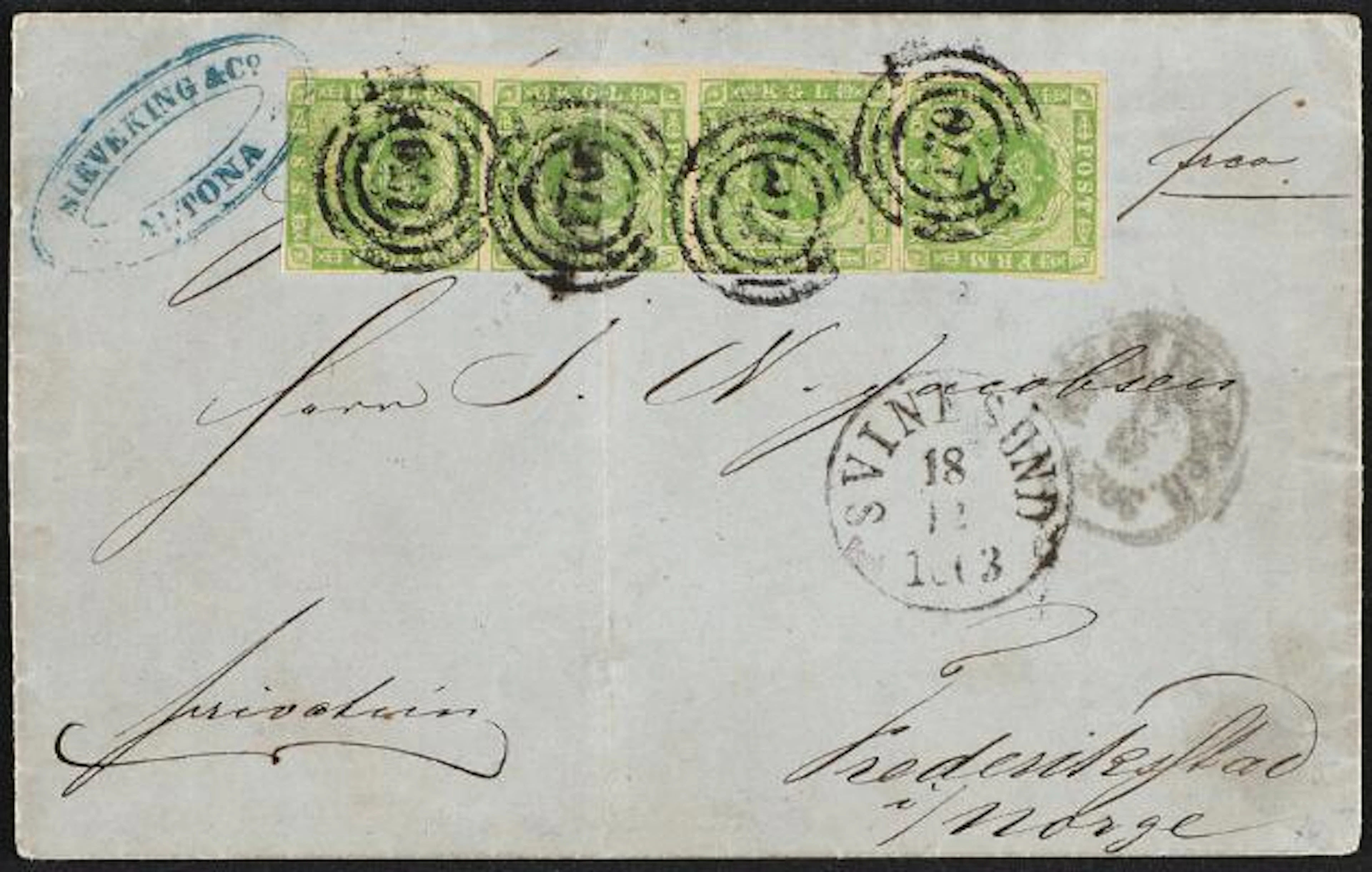 1854. 8 sk. green. STRIP of 4 on cover from Altona via Sweden to Norway.