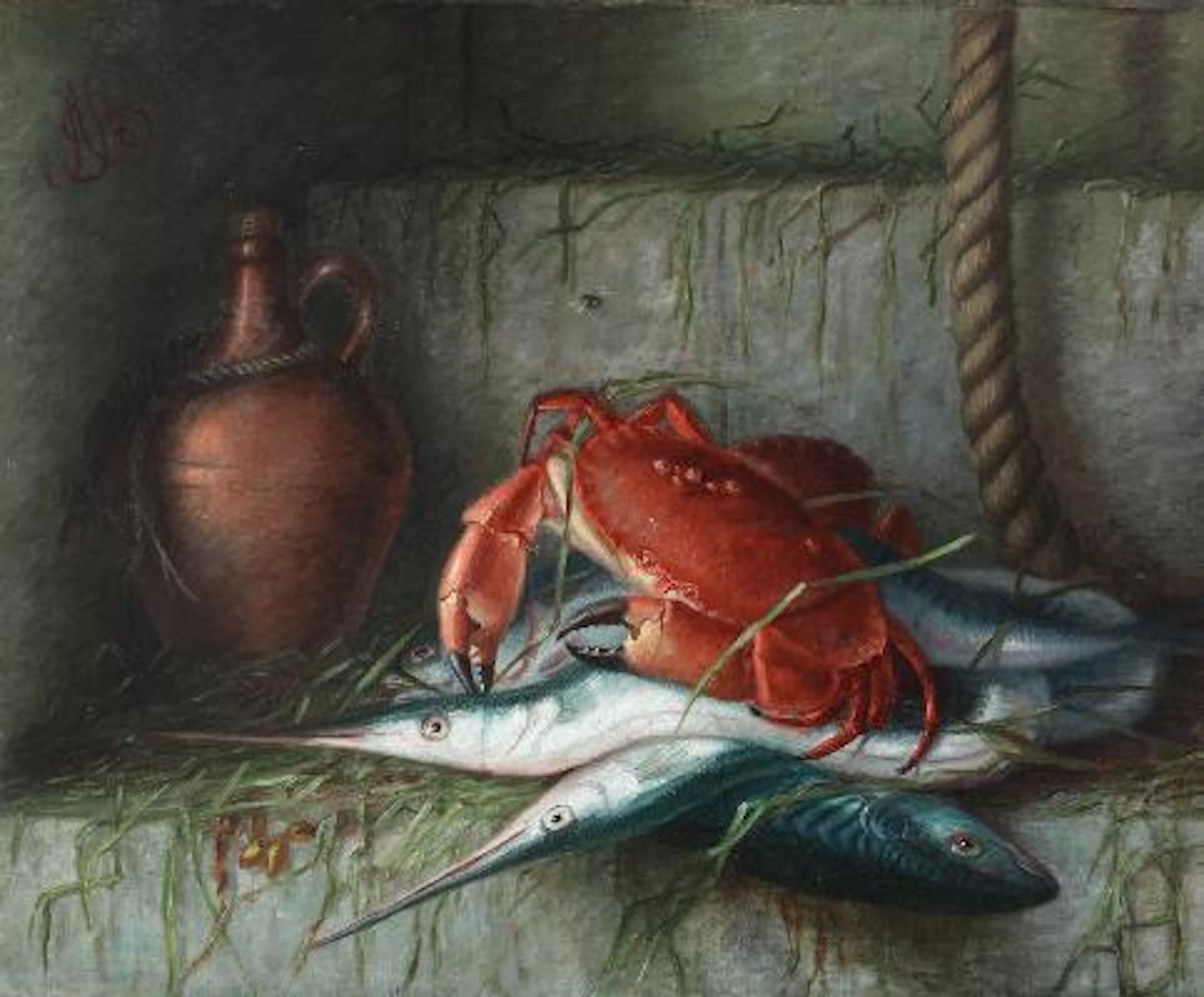 Alfrida Baadsgaard: Still life with crabs, garfish and mackerel. Signed