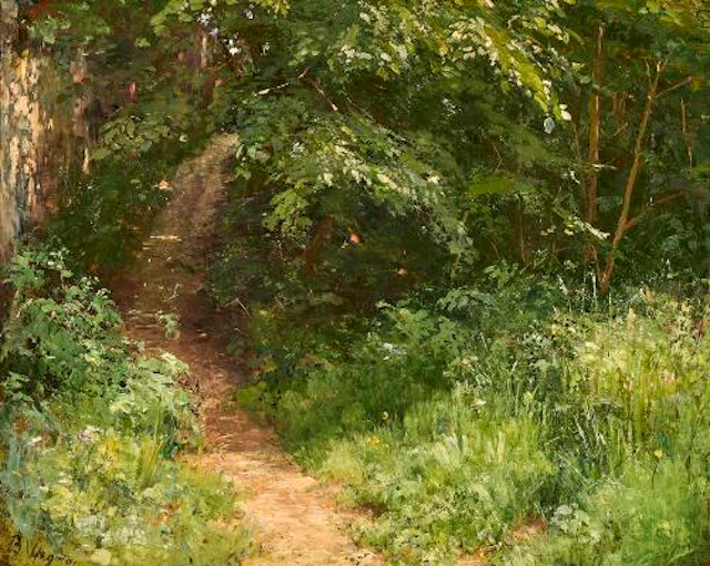 Bertha Wegmann: Sunlit path leading into the shade of the trees. Signed