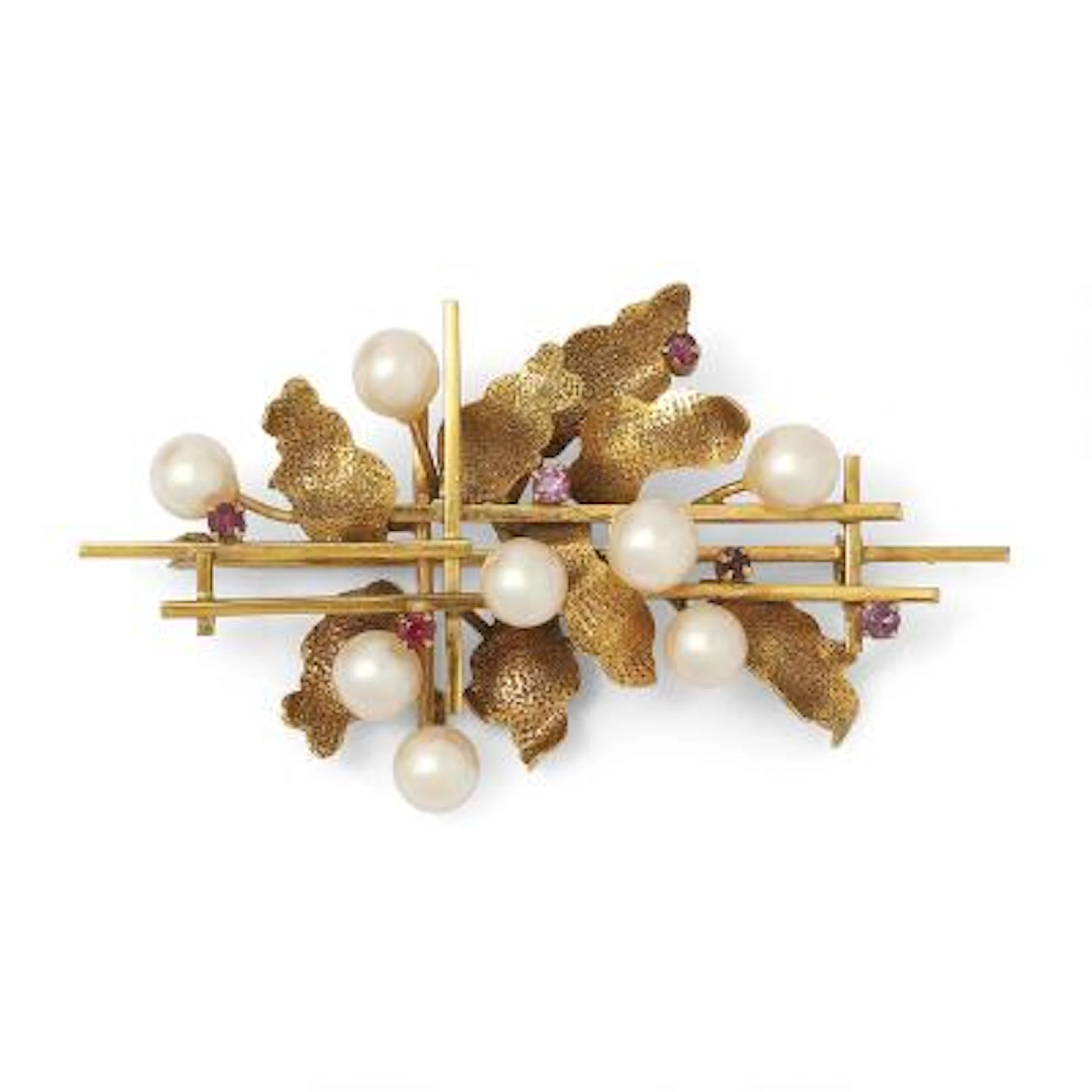 A pearl brooch set with cultured pearls and pink sapphires, mounted