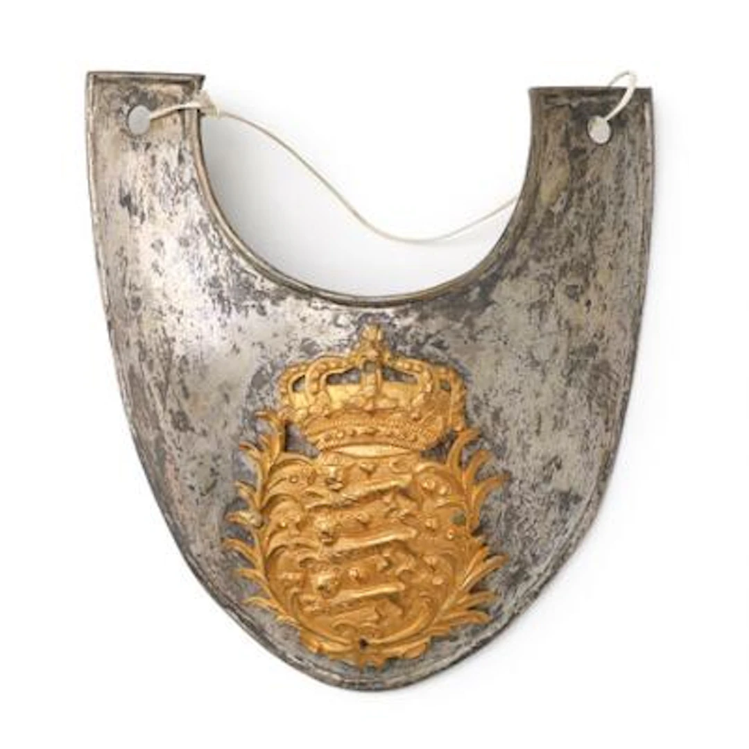 Light-metal gorget featuring the crowned Danish coat of arms with