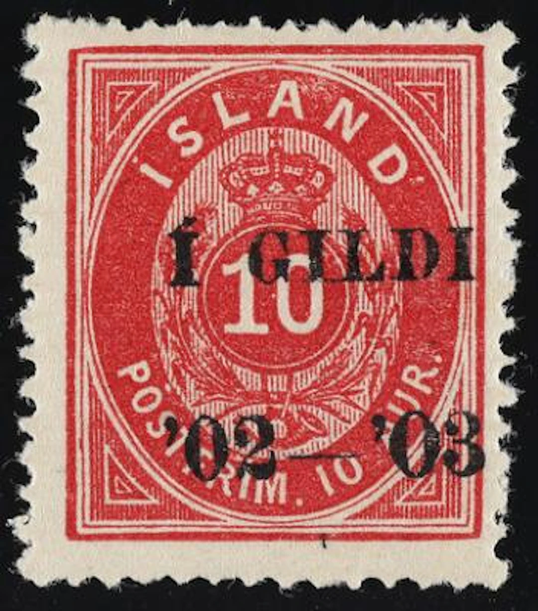 Iceland. 1902. I GILDI. 10 Aur, red. Perf. 14. Black overprint I GILDI.