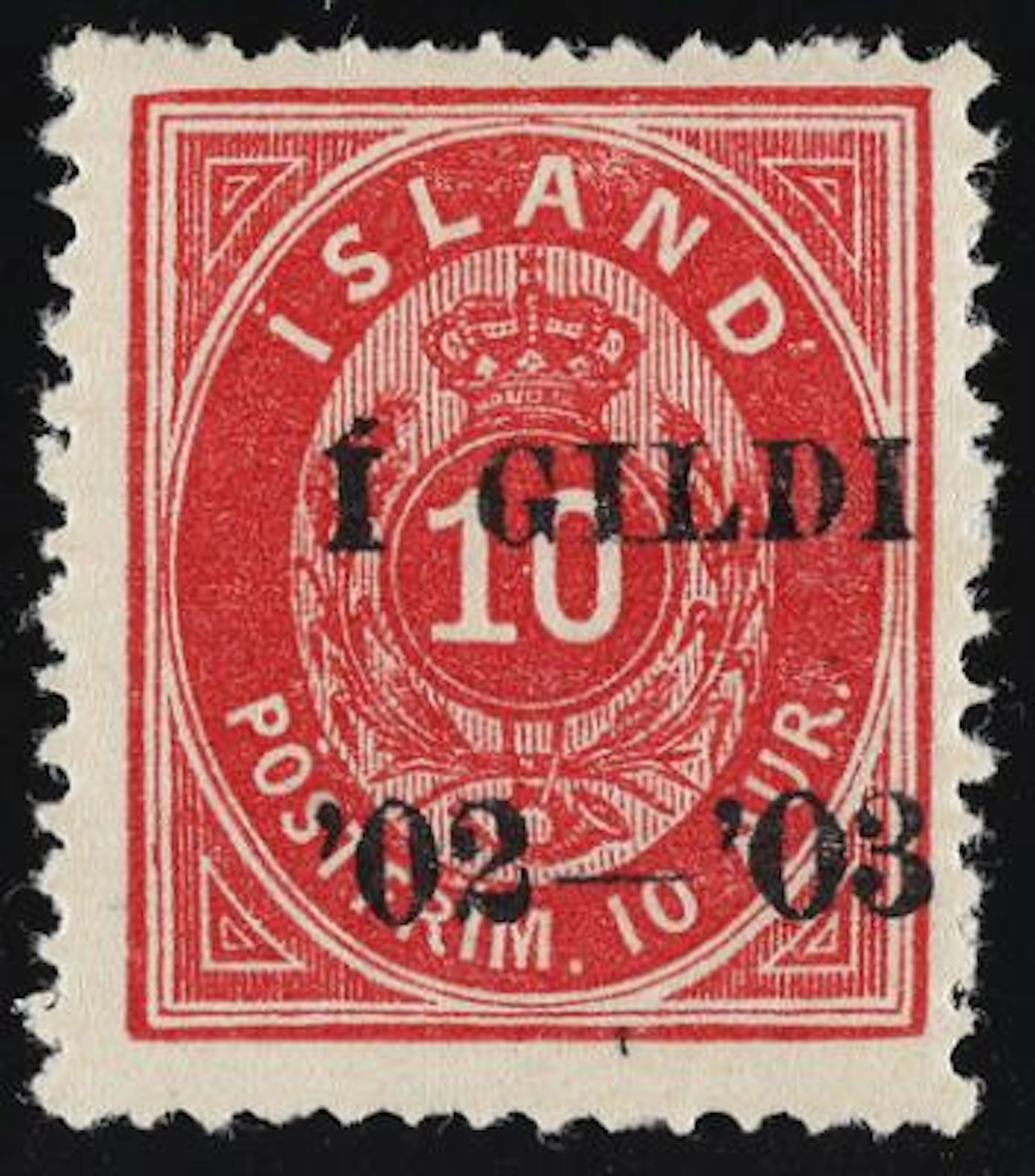 Iceland. 1902. I GILDI. 10 Aur, red. Perf. 14. Black overprint I GILDI.