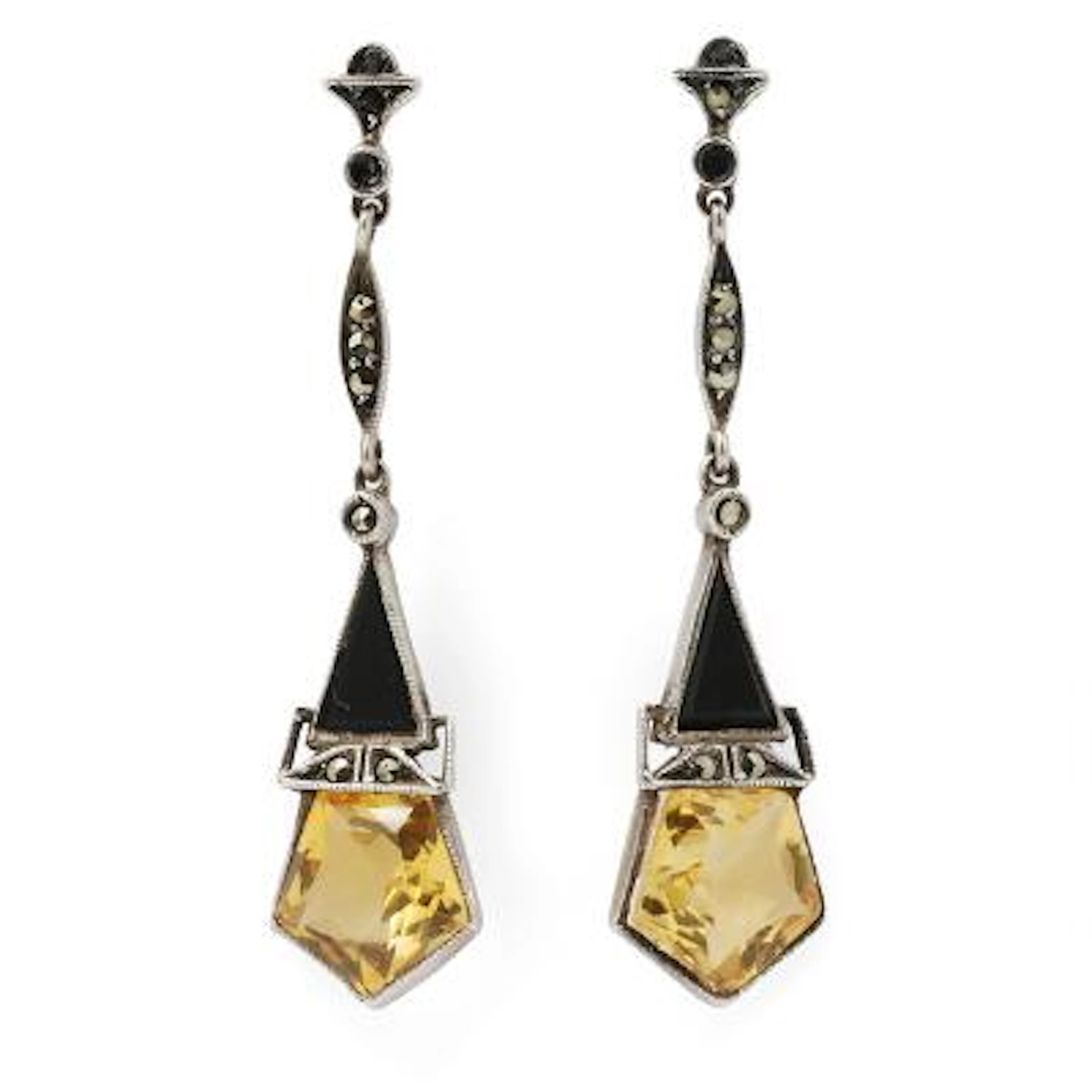 A pair of ear pendants each set with citrine, chalcedony and marcasites